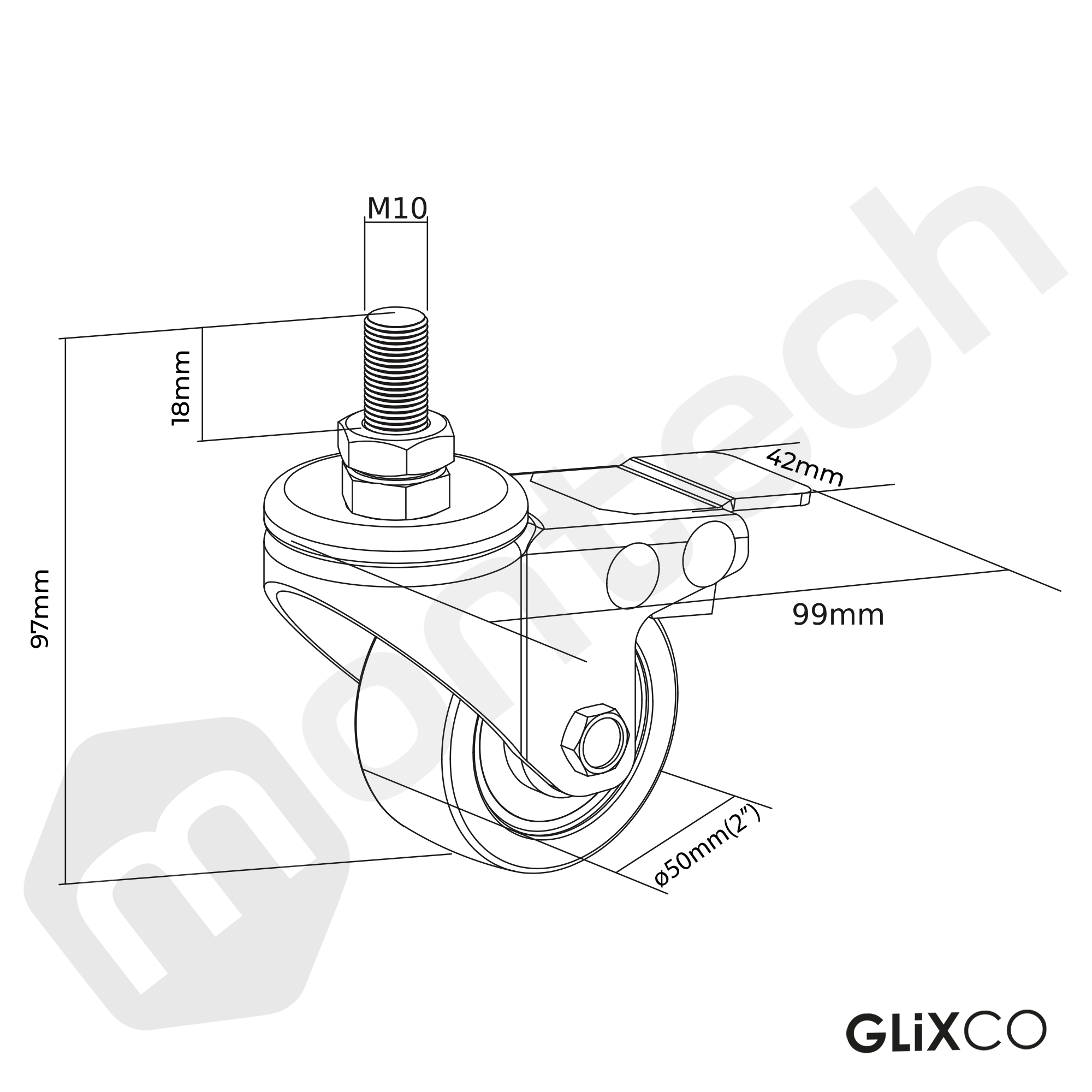 Rueda Garrucha 2" Pulg (50mm) con perno M10 y freno / (x4)