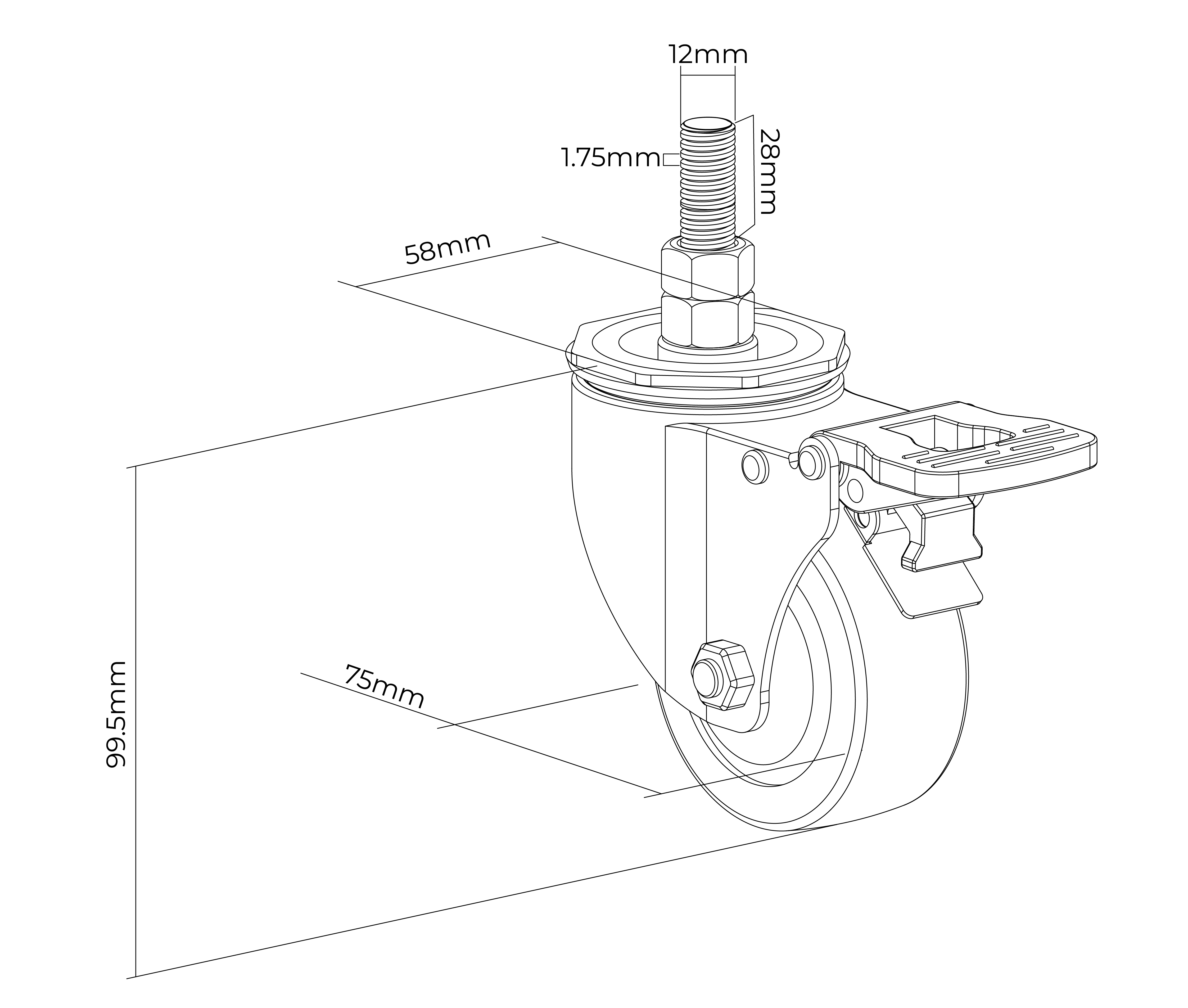 Rueda Garrucha 3" Pulg (75mm) con perno M12 y freno / (x2)