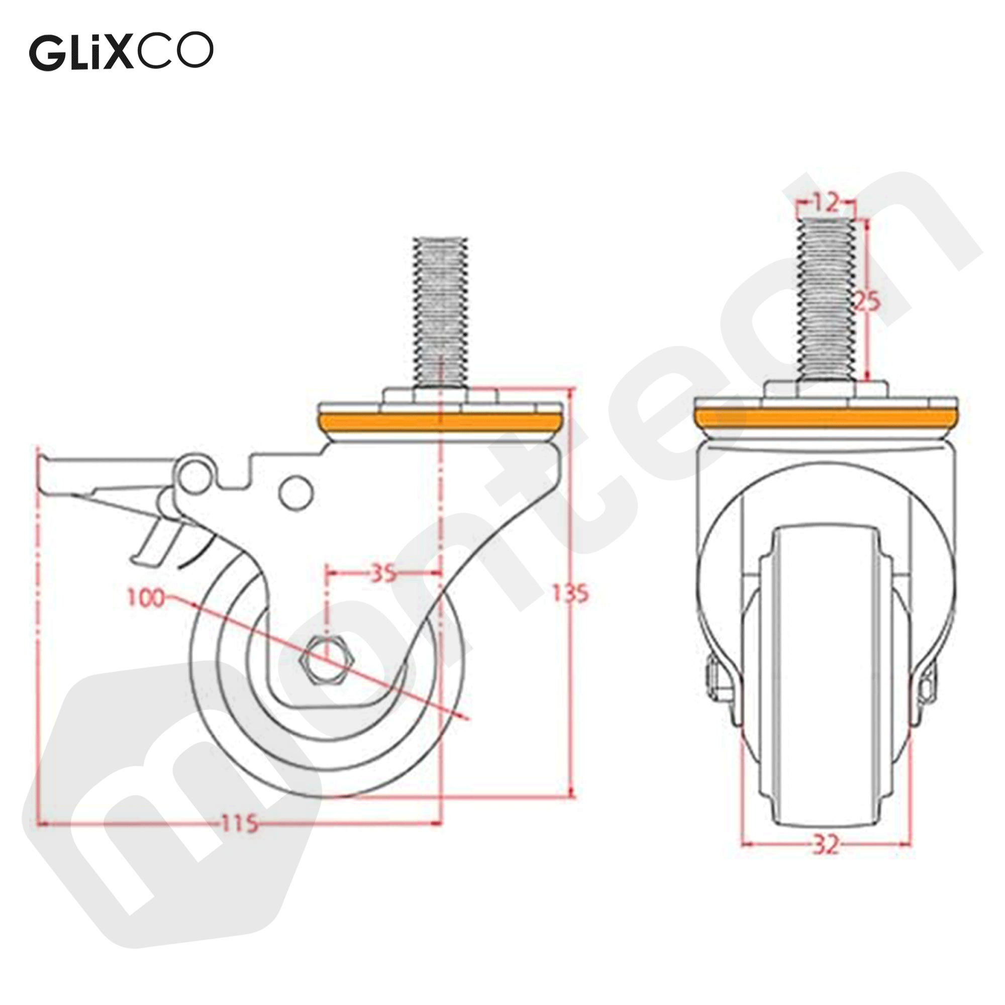 Rueda Garrucha 4" Pulg (100mm) con perno M12 y freno