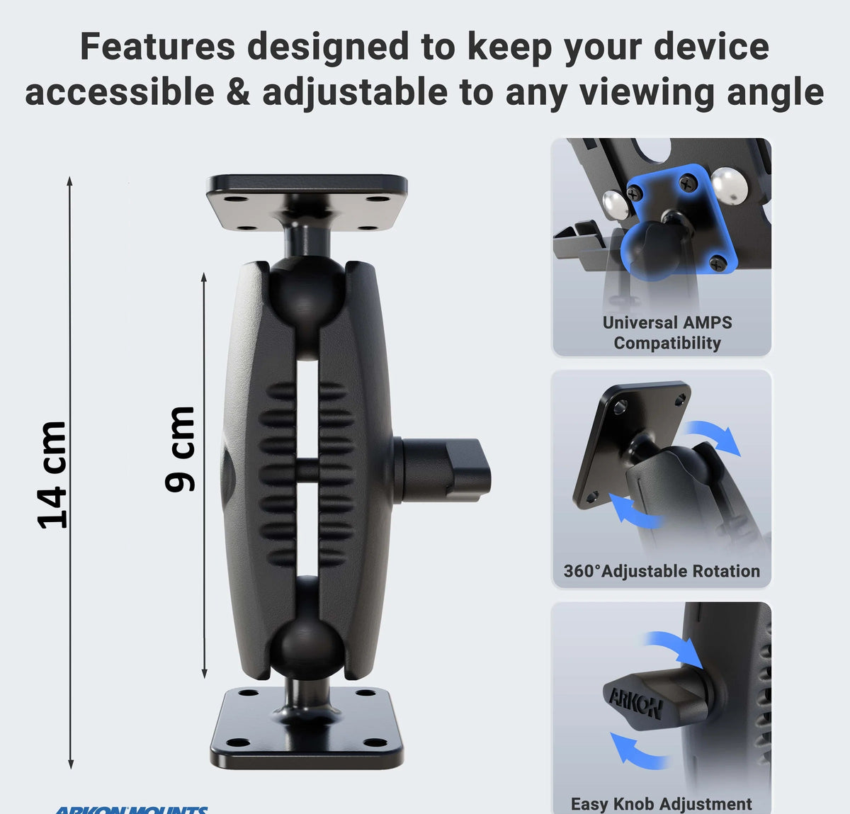 Soporte AMPS de metal robusto con herrajes de seguridad para GPS, Cámaras, Radio Satelital / Compatible con bolas de 38 mm