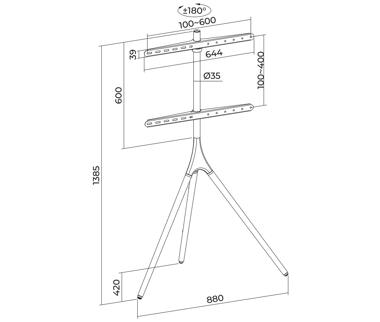 Pedestal Trípode de Madera para TV 42 a 55 Pulg / VESA Max 600x400mm / Carga 32 kg