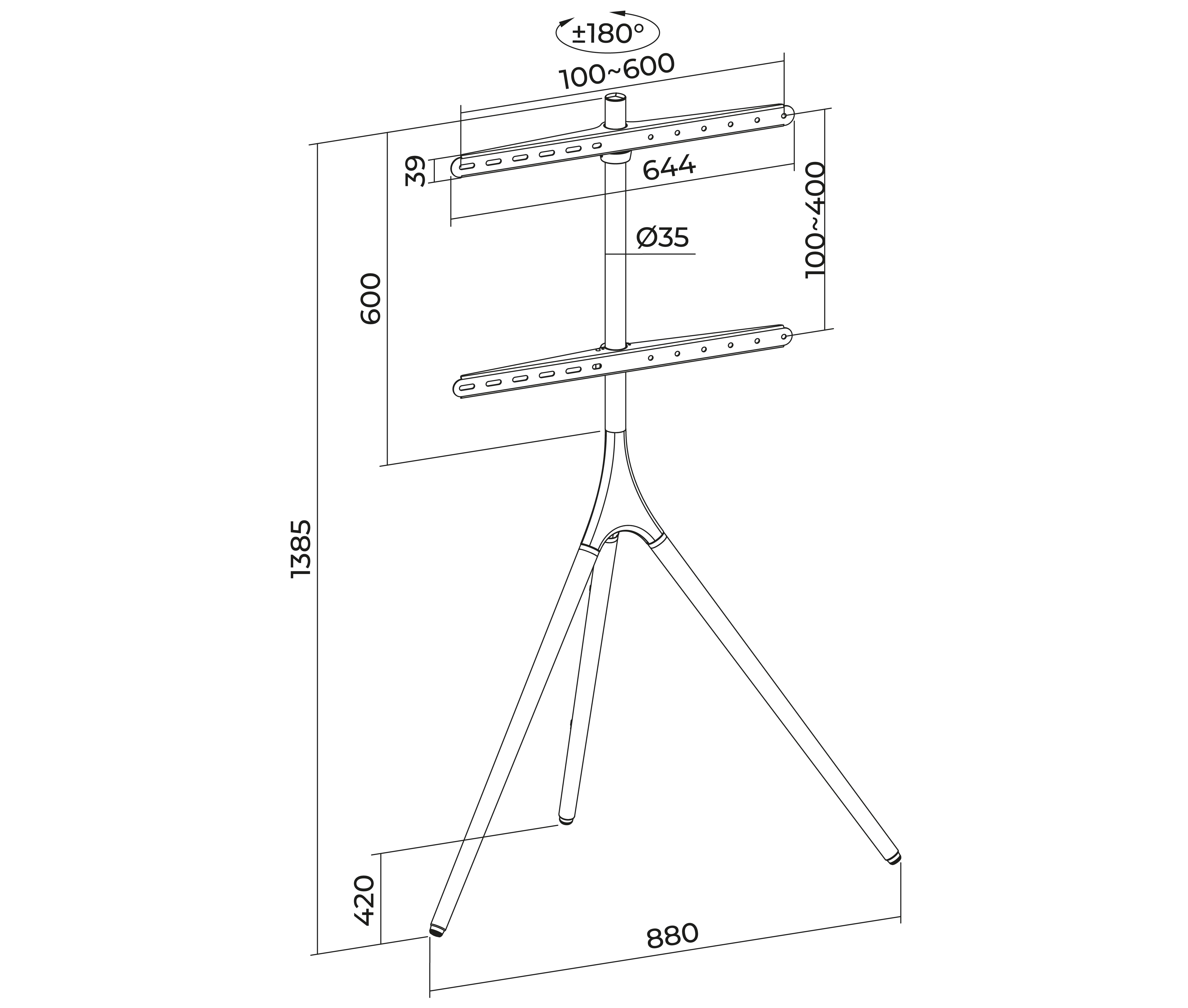 Pedestal Trípode de Madera para TV 42 a 55 Pulg / VESA Max 600x400mm / Carga 32 kg
