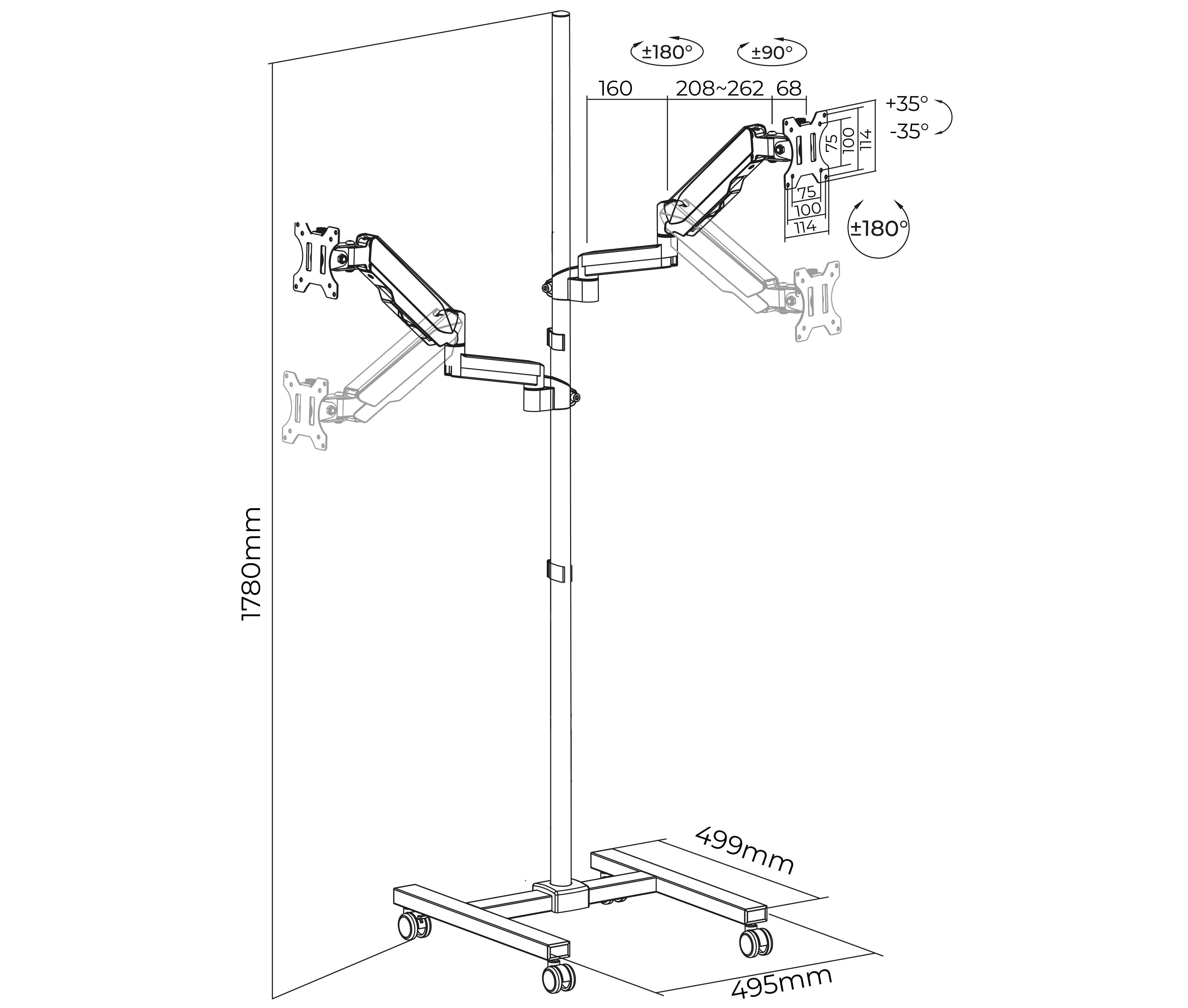 Pedestal con Ruedas para 2 Monitores 17 a 32 pulg