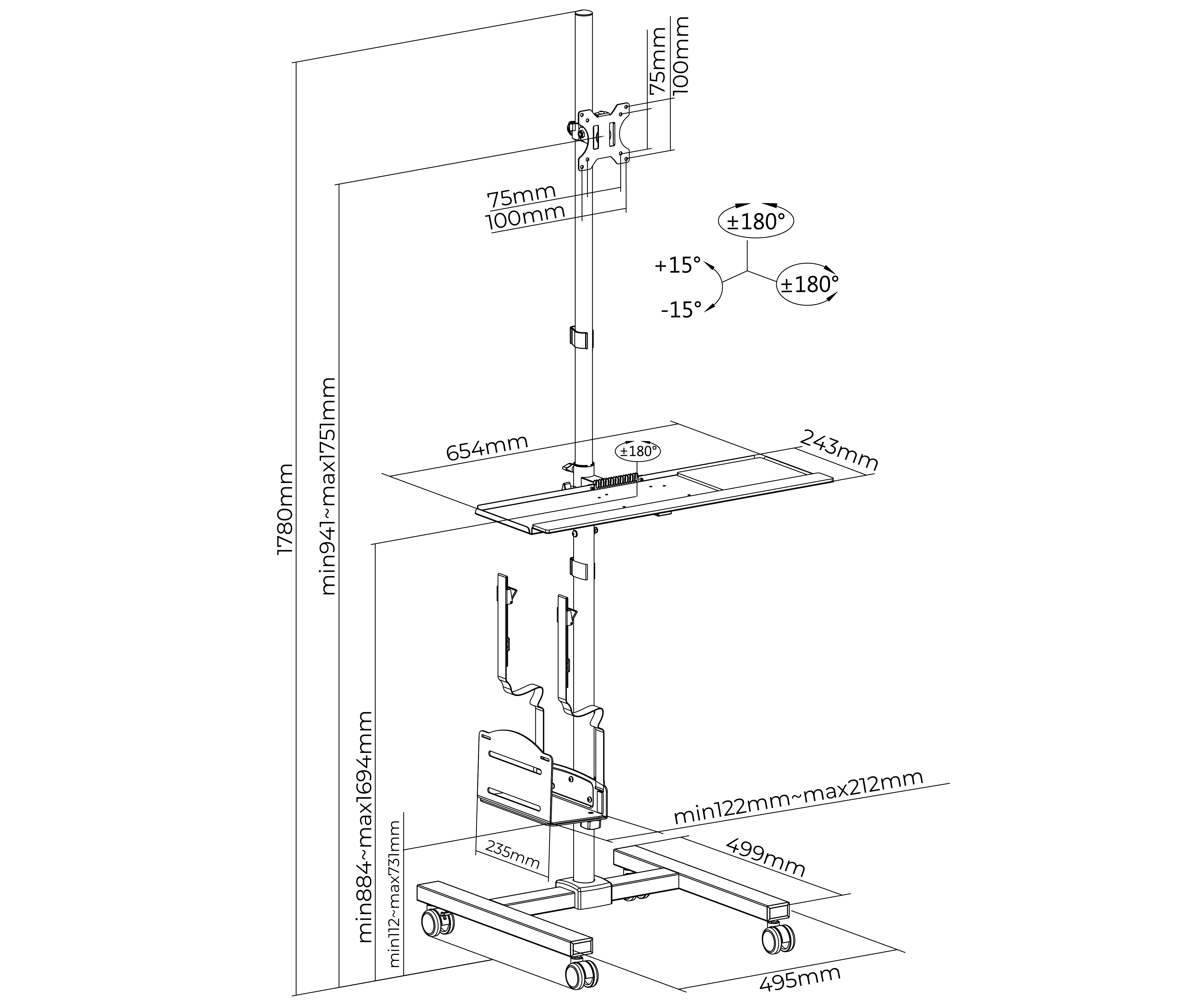Pedestal con Ruedas para Monitor 17 a 32 pulg con Soporte para CPU y Teclado