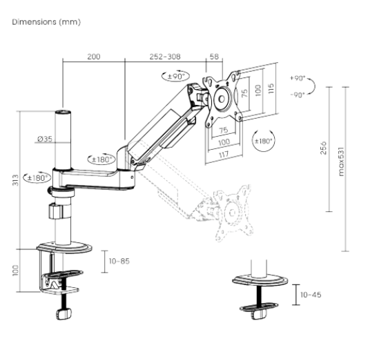 Rack Soporte con Gas Spring de Escritorio para Monitor de 17 a 40 Pulg
