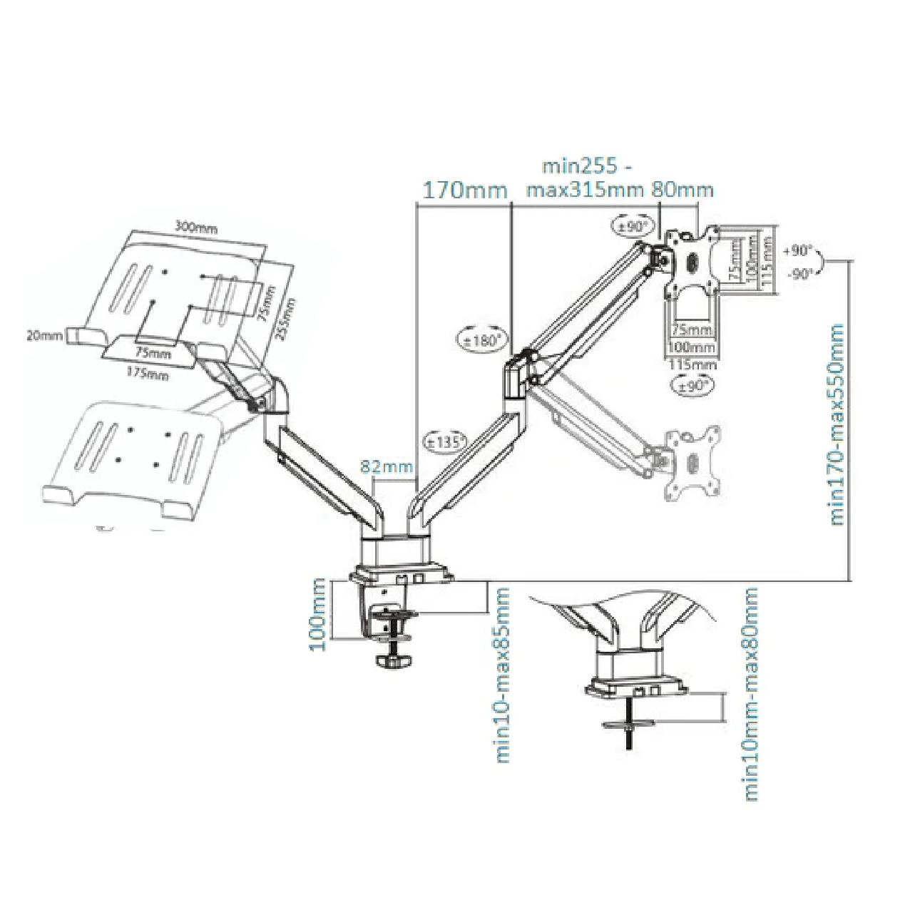 Rack Soporte Doble Brazo con Gas Spring de Escritorio para Laptop 10 a 15 Pulg y Monitor 32 Pulg / Puerto USB y Audio