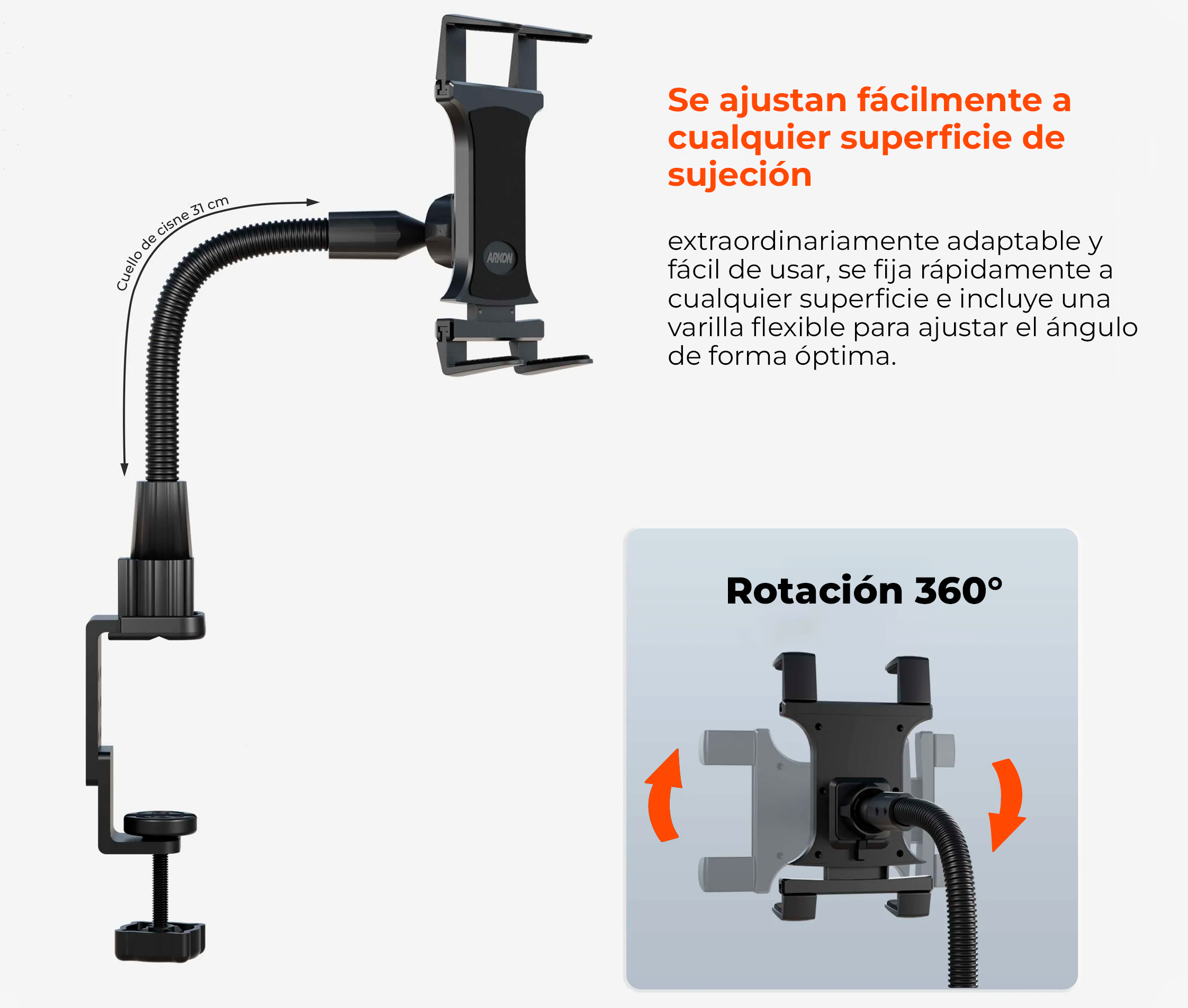 Soporte para tablet 7 a 18,4 Pulg con cuello Flexible 31 cm / Abrazadera tipo Prensa
