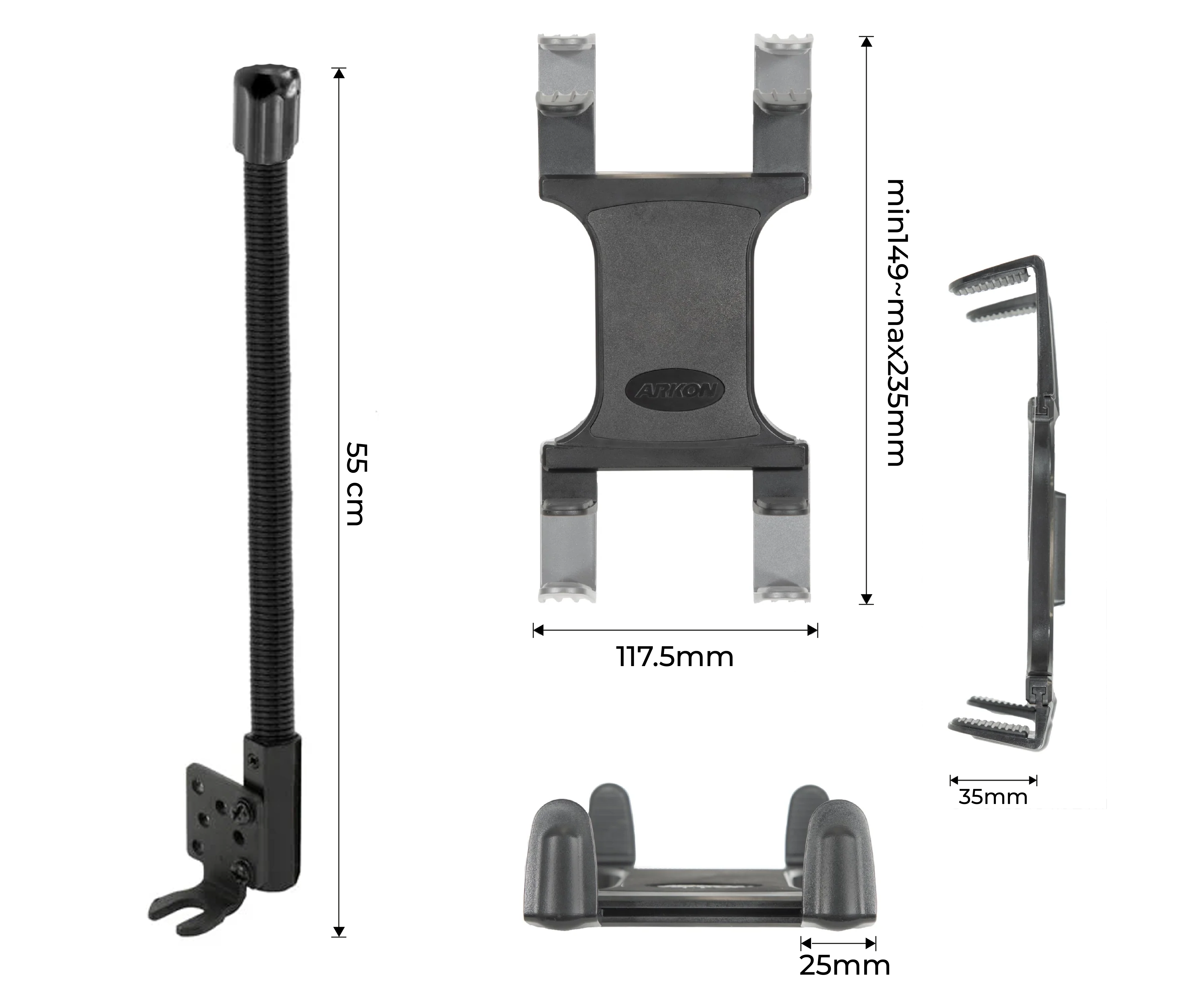 Soporte con brazo Flexible 55 cm para Tablet 7 a 18.4 Pulg / Fijación en asiento del auto y camiones