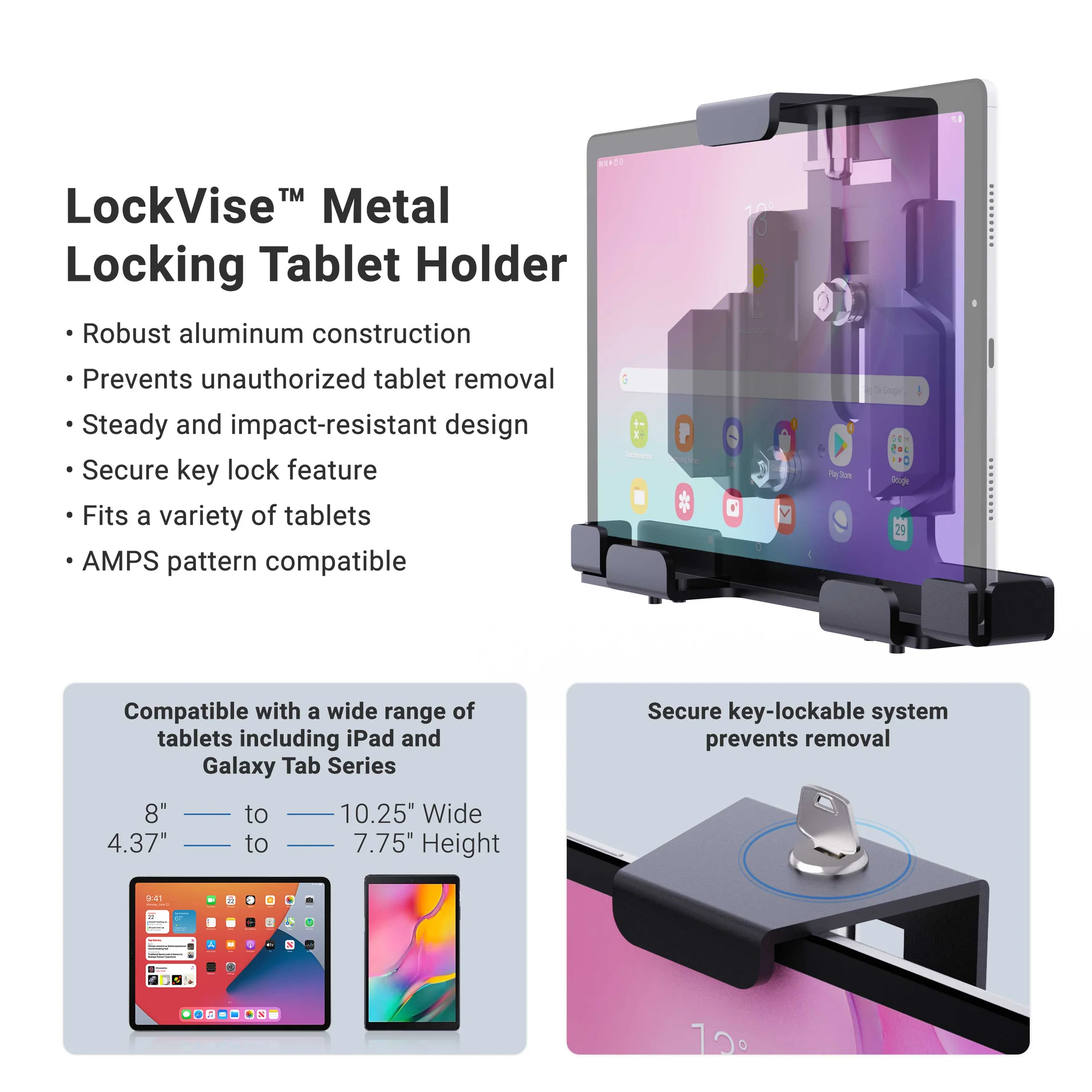 Soporte con llave de seguridad para Tablet 7 a 10 Pulg / Fijación con tornillos a superficies planas sólidas