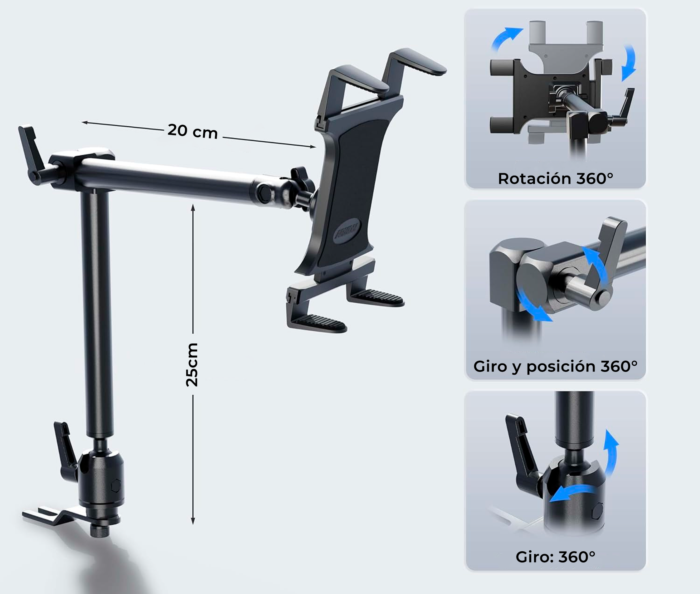 Soporte para Tablet 7 a 18.4 Pulg con Doble Brazo Ajustable de 56 cm / Montaje en riel para Asiento de Auto o Camión