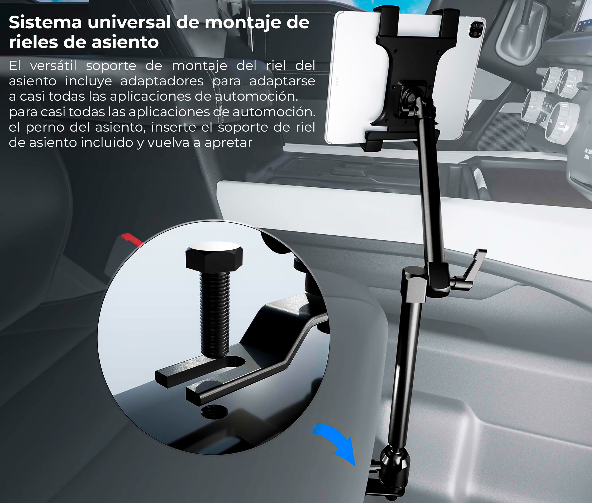 Soporte para Tablet 7 a 18.4 Pulg con Doble Brazo Ajustable de 56 cm / Montaje en riel para Asiento de Auto o Camión