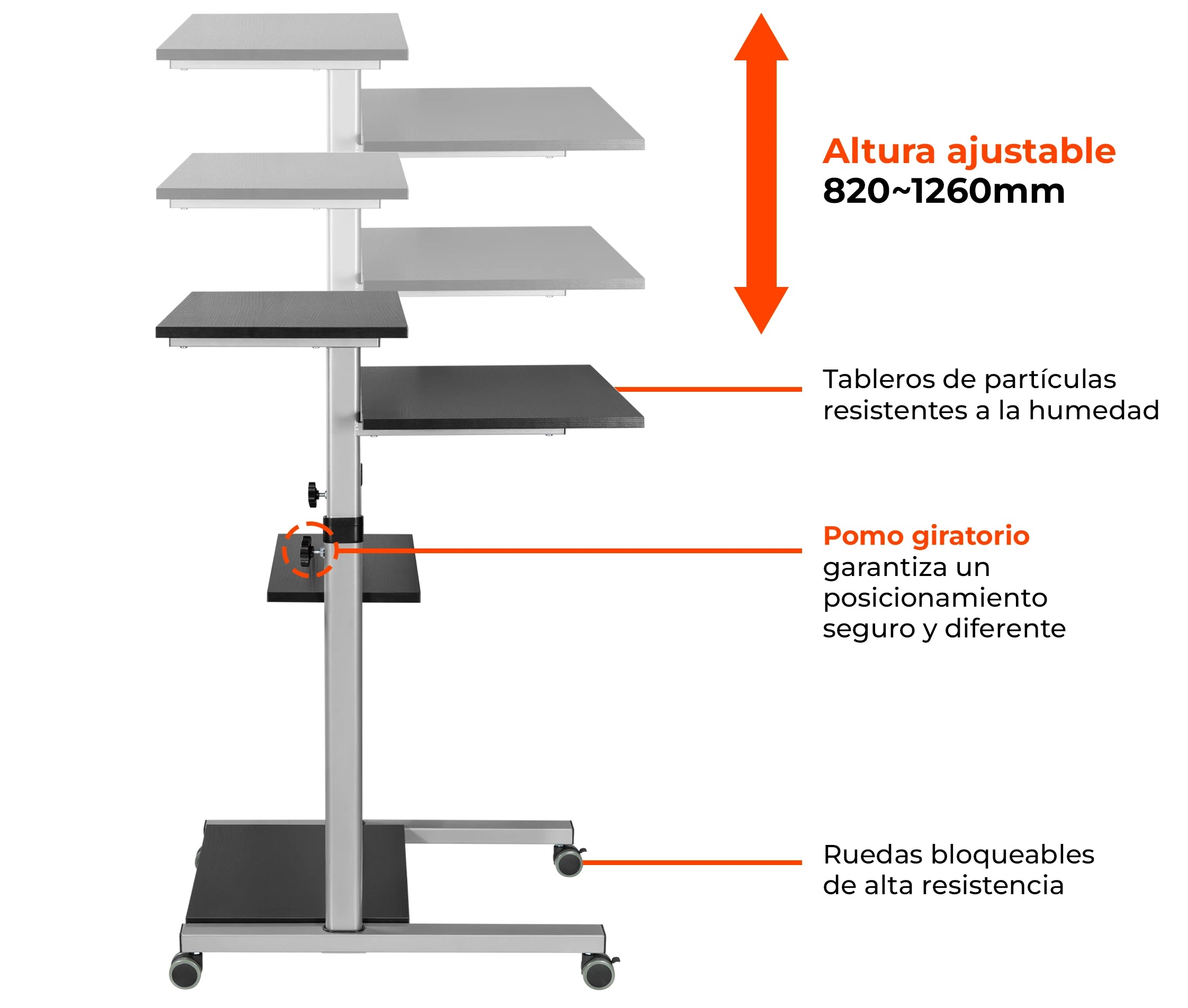 Estación Mesa De Trabajo Móvil para Monitor, Teclado, Impresora y CPU / Altura regulable