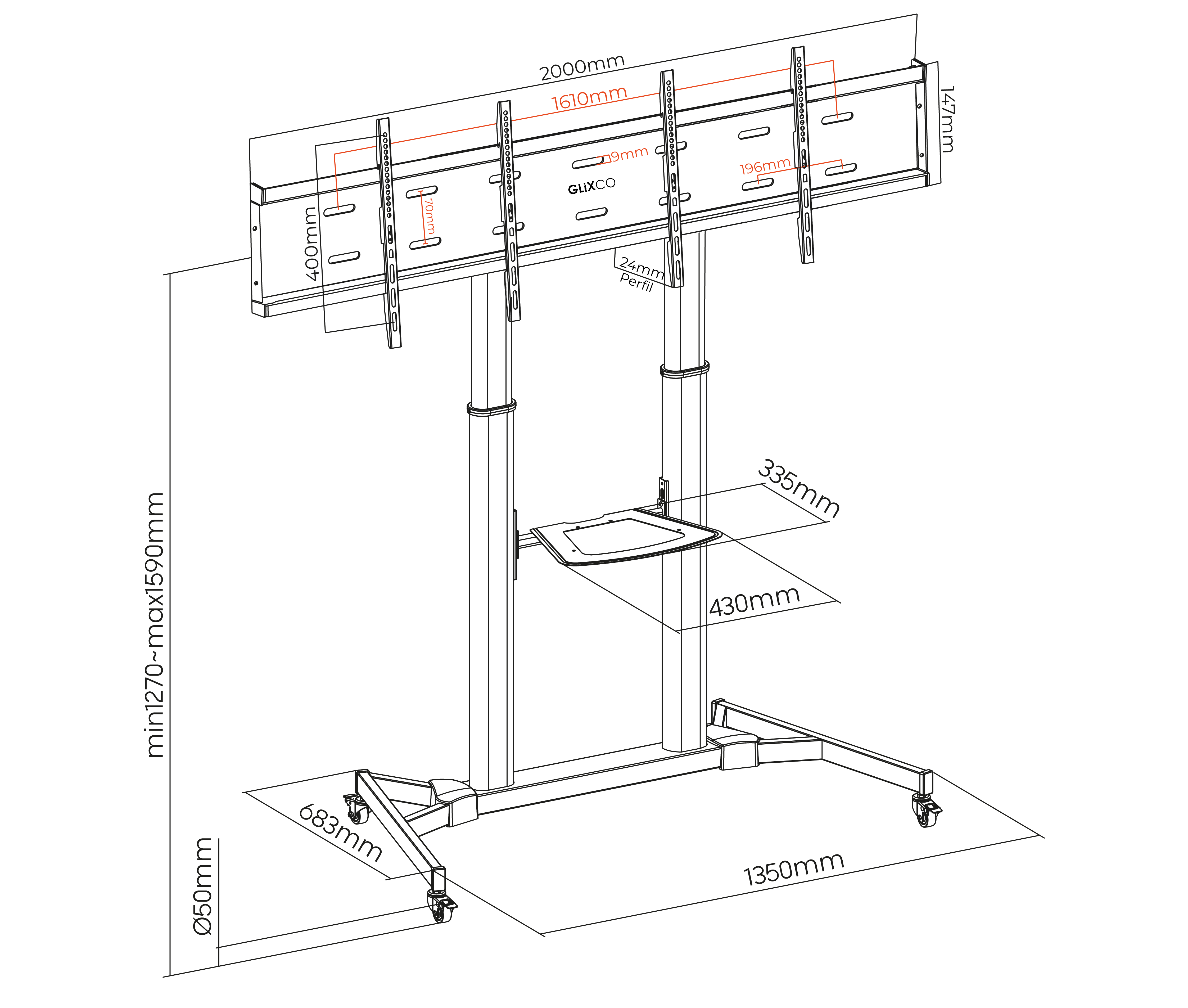 Pedestal con Ruedas Doble Pantalla para TV 49 a 55 pulg / VESA Max 400x400mm / Carga 40 kg