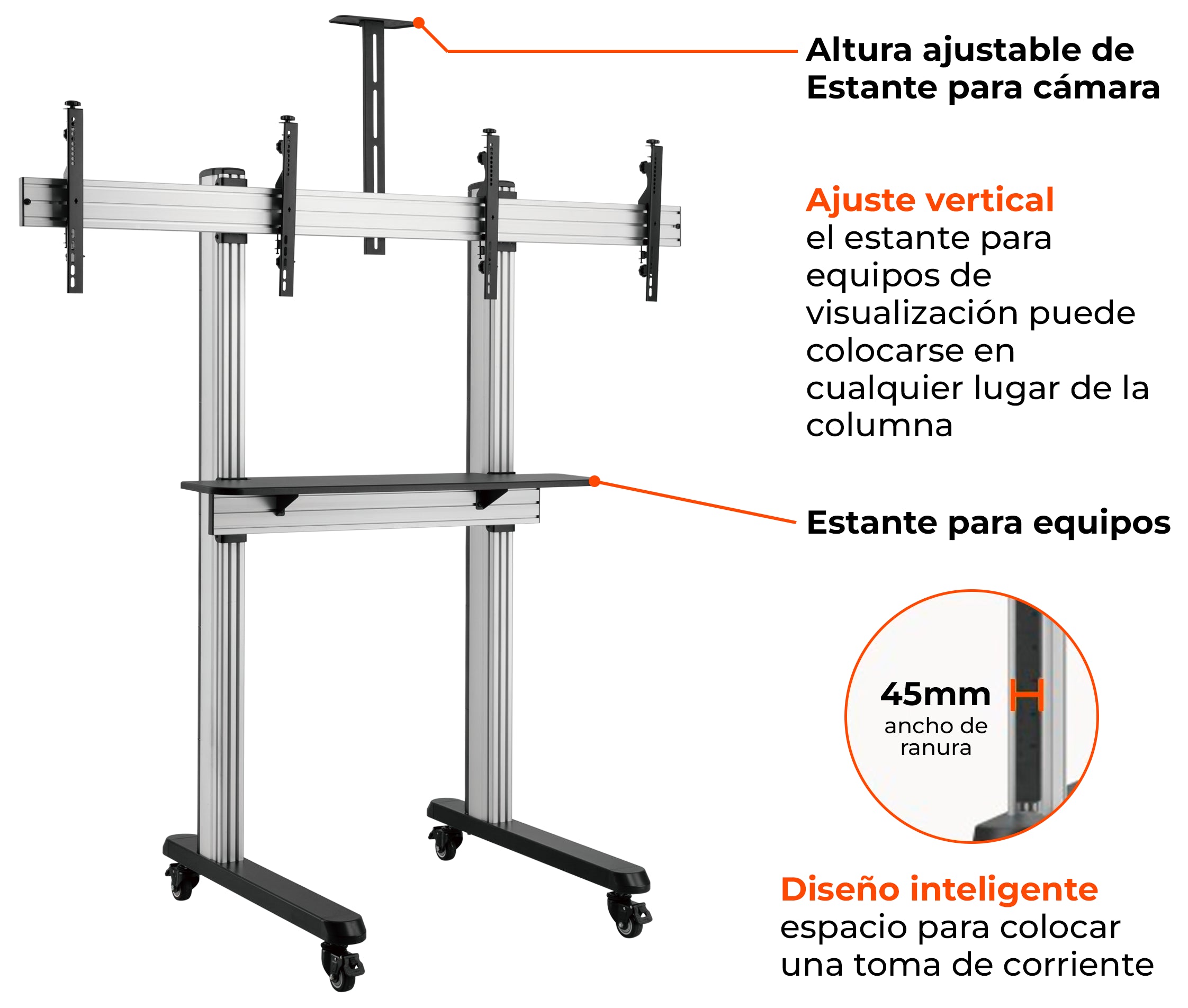 Pedestal con Ruedas Doble Pantalla 45 a 55 Pulg / VESA Max 600x400mm / Carga 50 kg