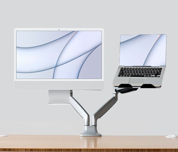 Rack Soporte Doble Brazo con Gas Spring de Escritorio para Monitor Apple iMac 24" M1 Chip y Laptop 10 a 15 Pulg / Puerto USB y Audio