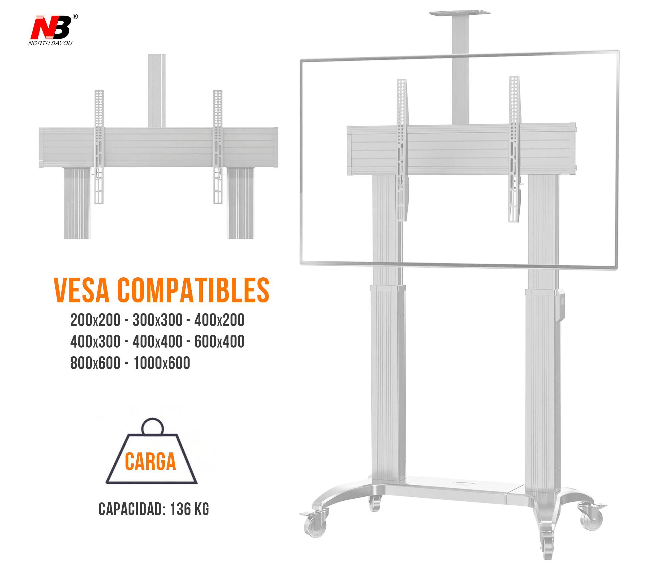 Pedestal Eléctrico Motorizado con Ruedas para TV 75 a 110 Pulg / VESA Max 1000x600mm / Carga 136 kg
