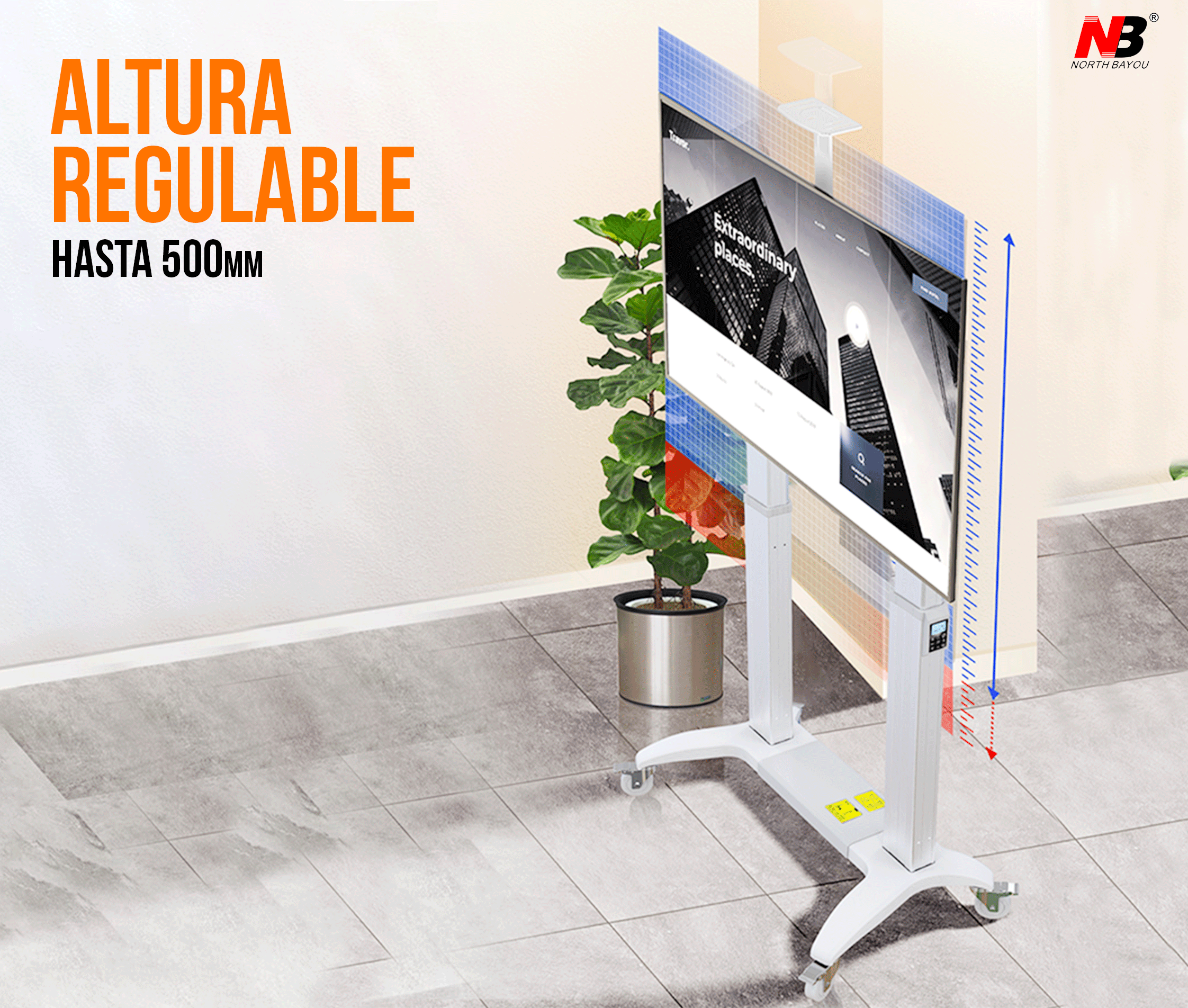 Pedestal Eléctrico Motorizado con Ruedas para TV 75 a 110 Pulg / VESA Max 1000x600mm / Carga 136 kg