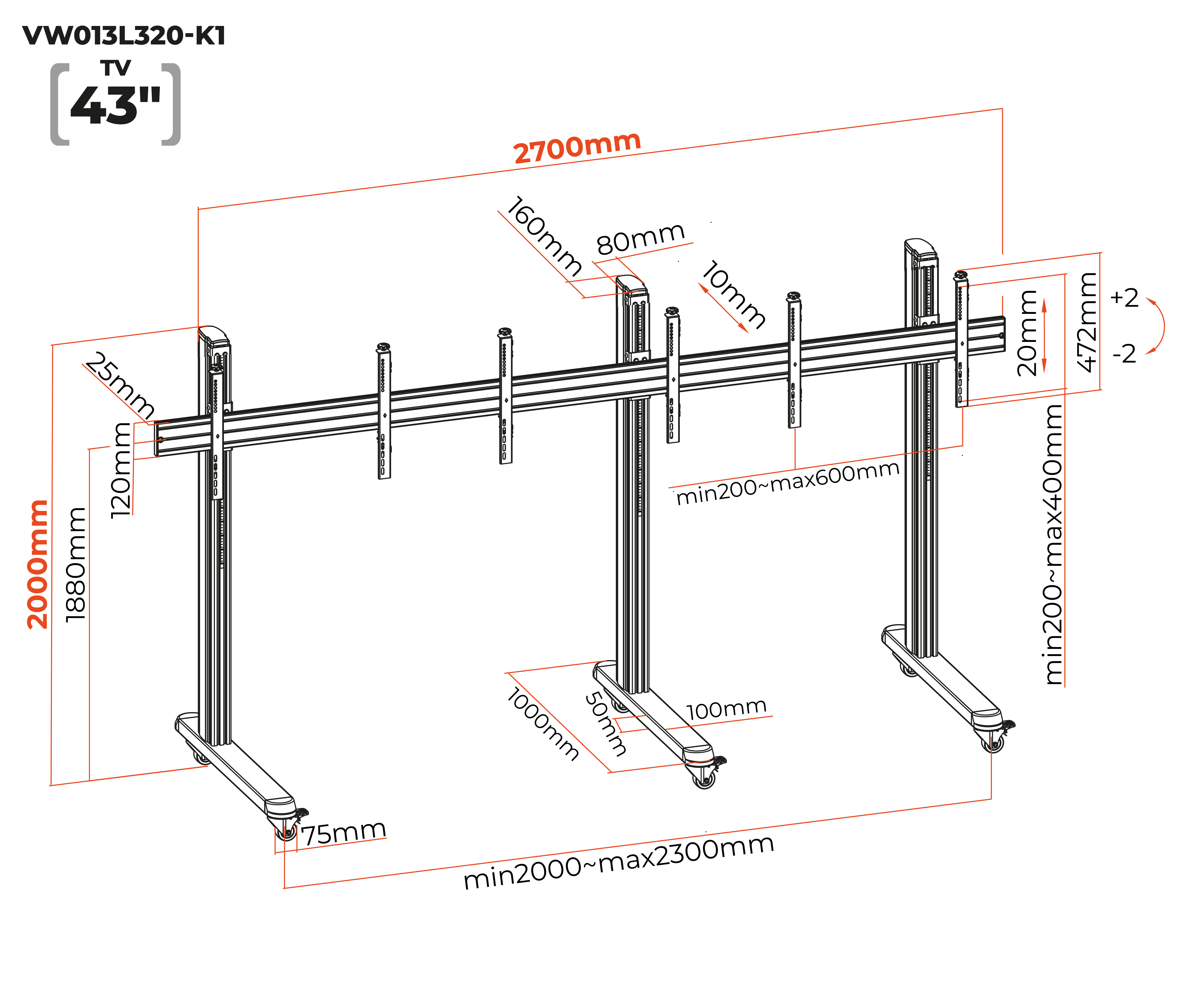 Pedestal con Ruedas Videowall 1x3 para 3 Pantallas / Alt 200 cm