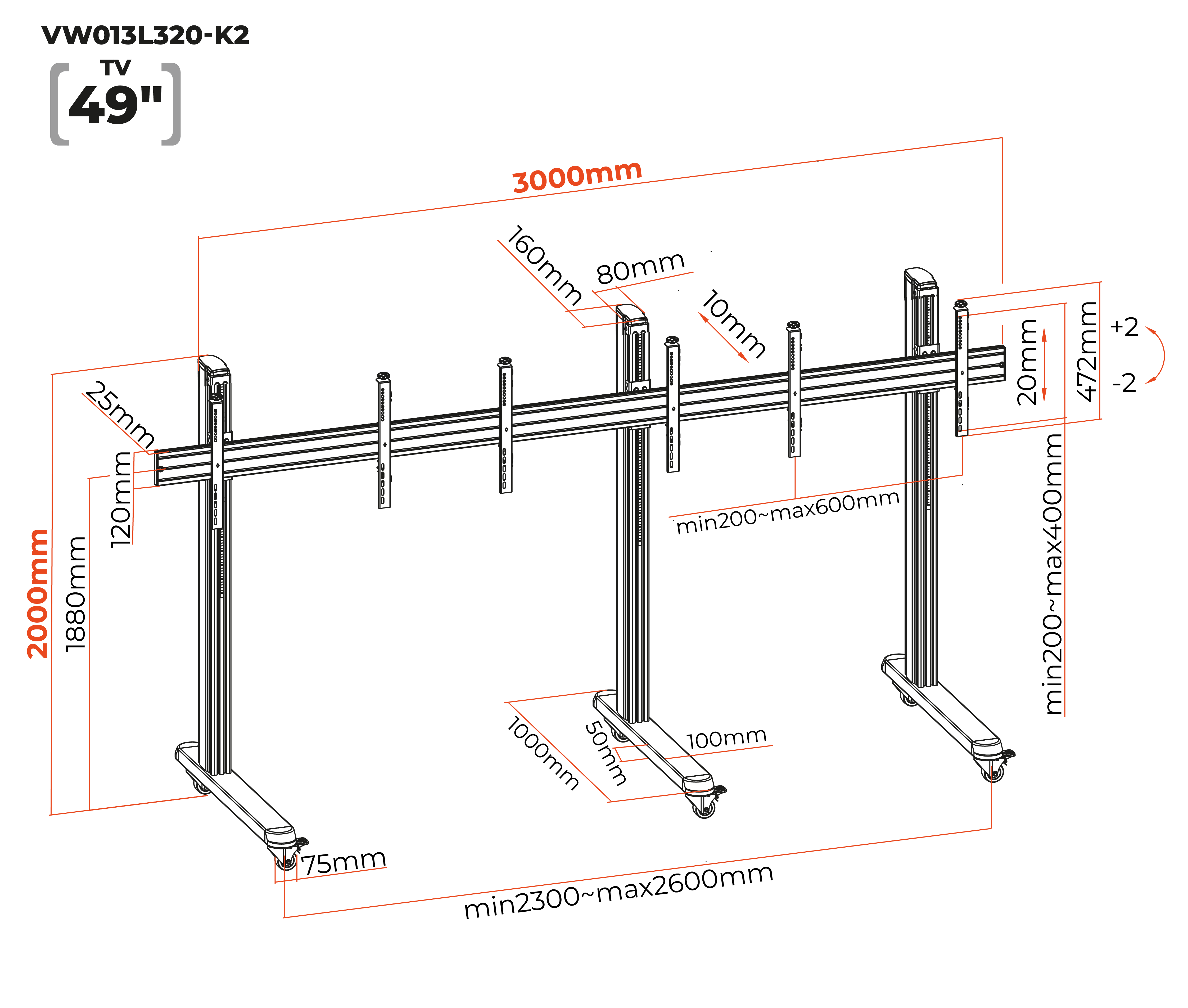 Pedestal con Ruedas Videowall 1x3 para 3 Pantallas / Alt 200 cm