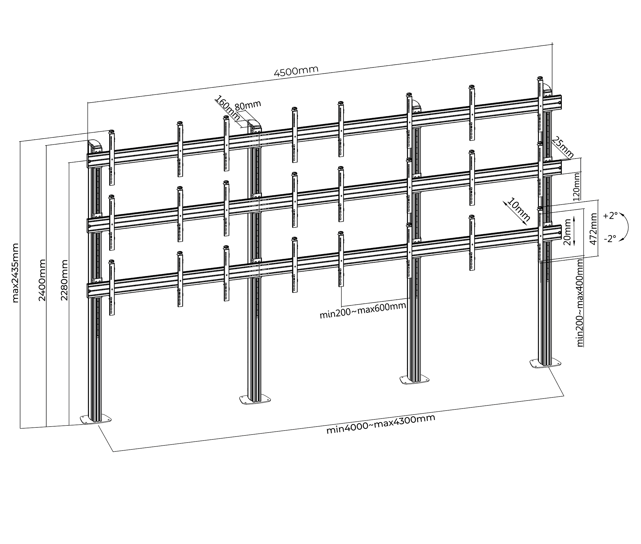 Pedestal Videowall con Base Atornillada para 12 Pantallas 55 Pulg / VESA Max 600x400mm