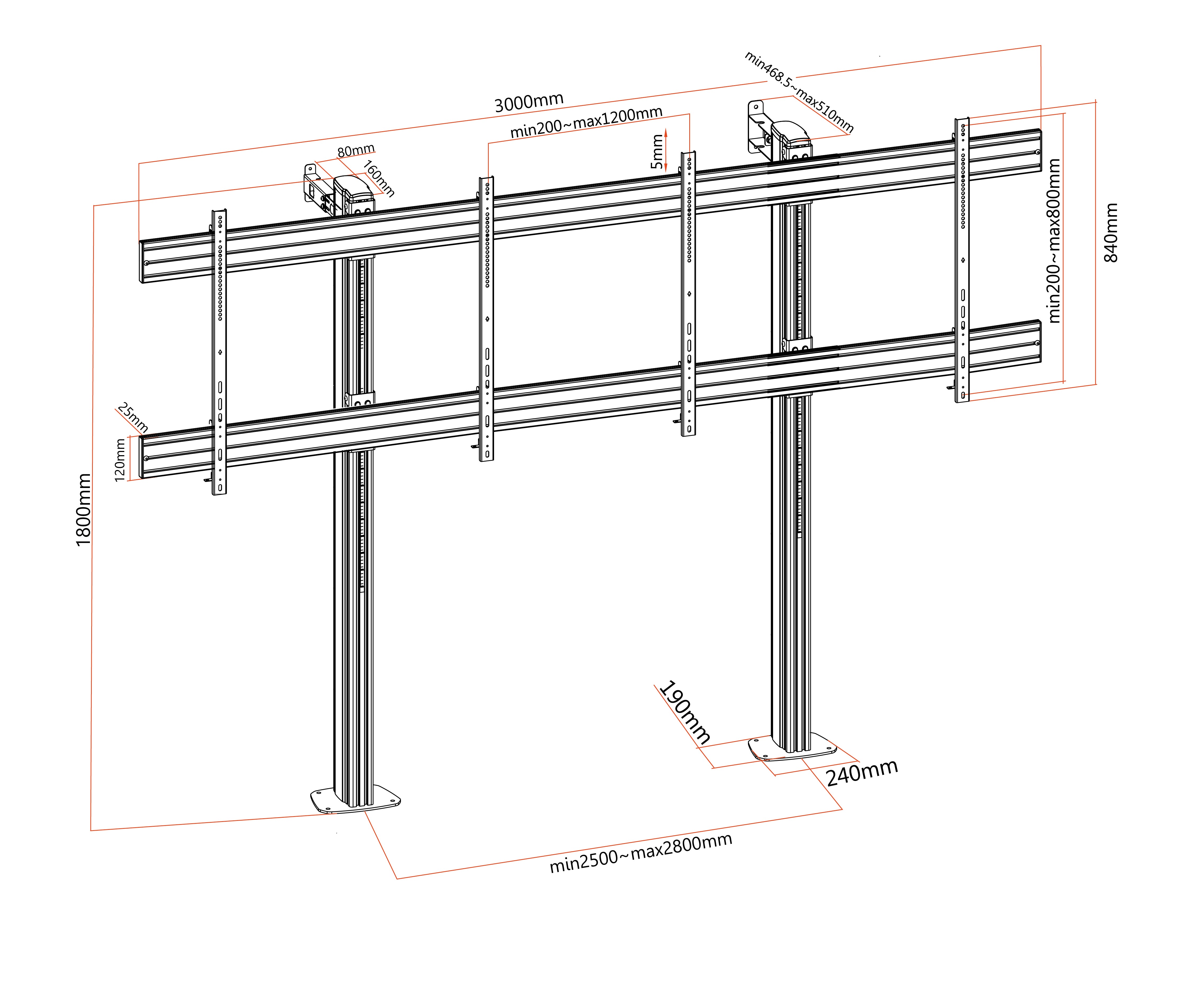Pedestal Videowall con Base Atornillada para 2 Pantallas 70 a 75 Pulg