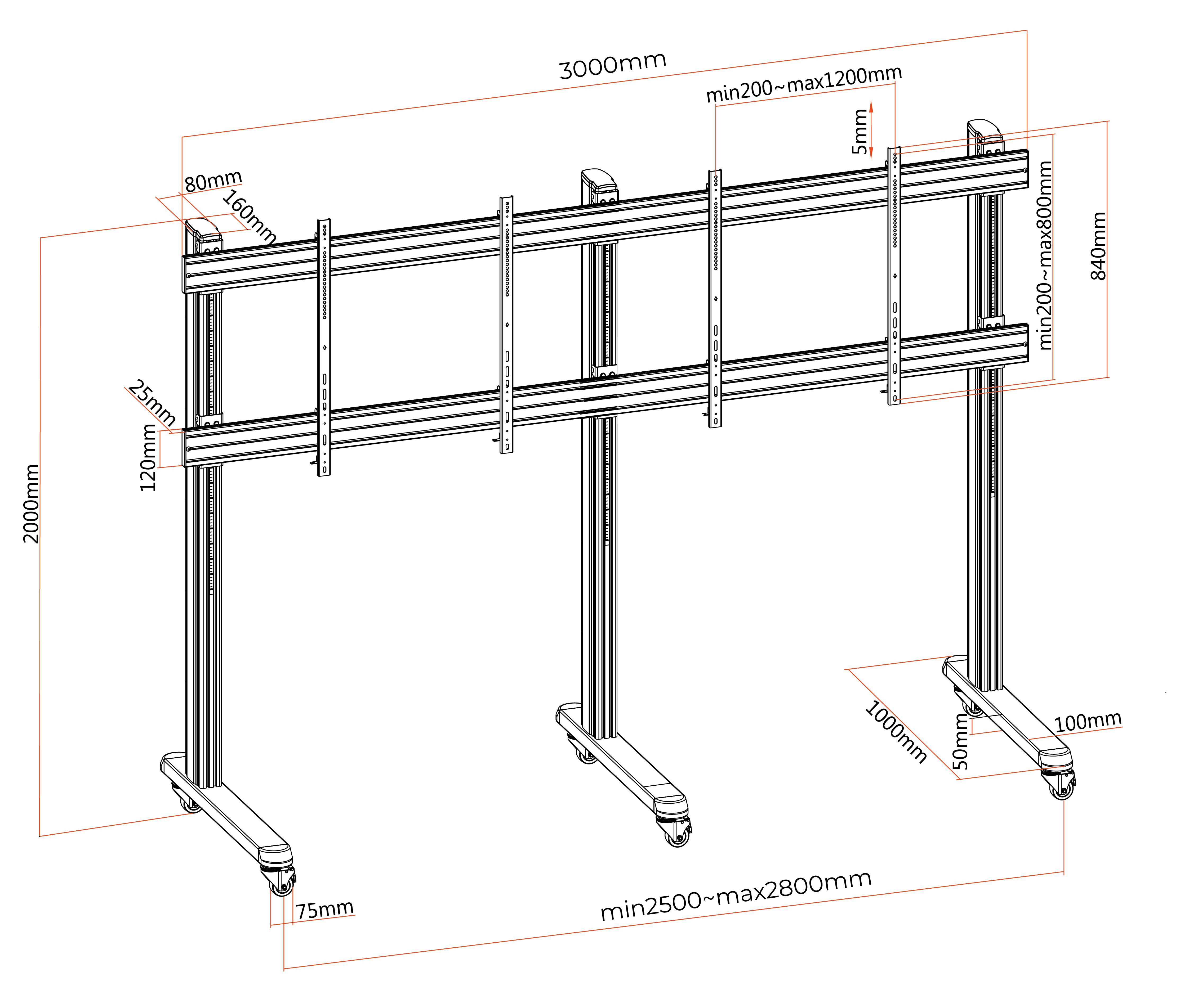 Pedestal con ruedas Videowall para 2 Pantallas 75 a 86 Pulg