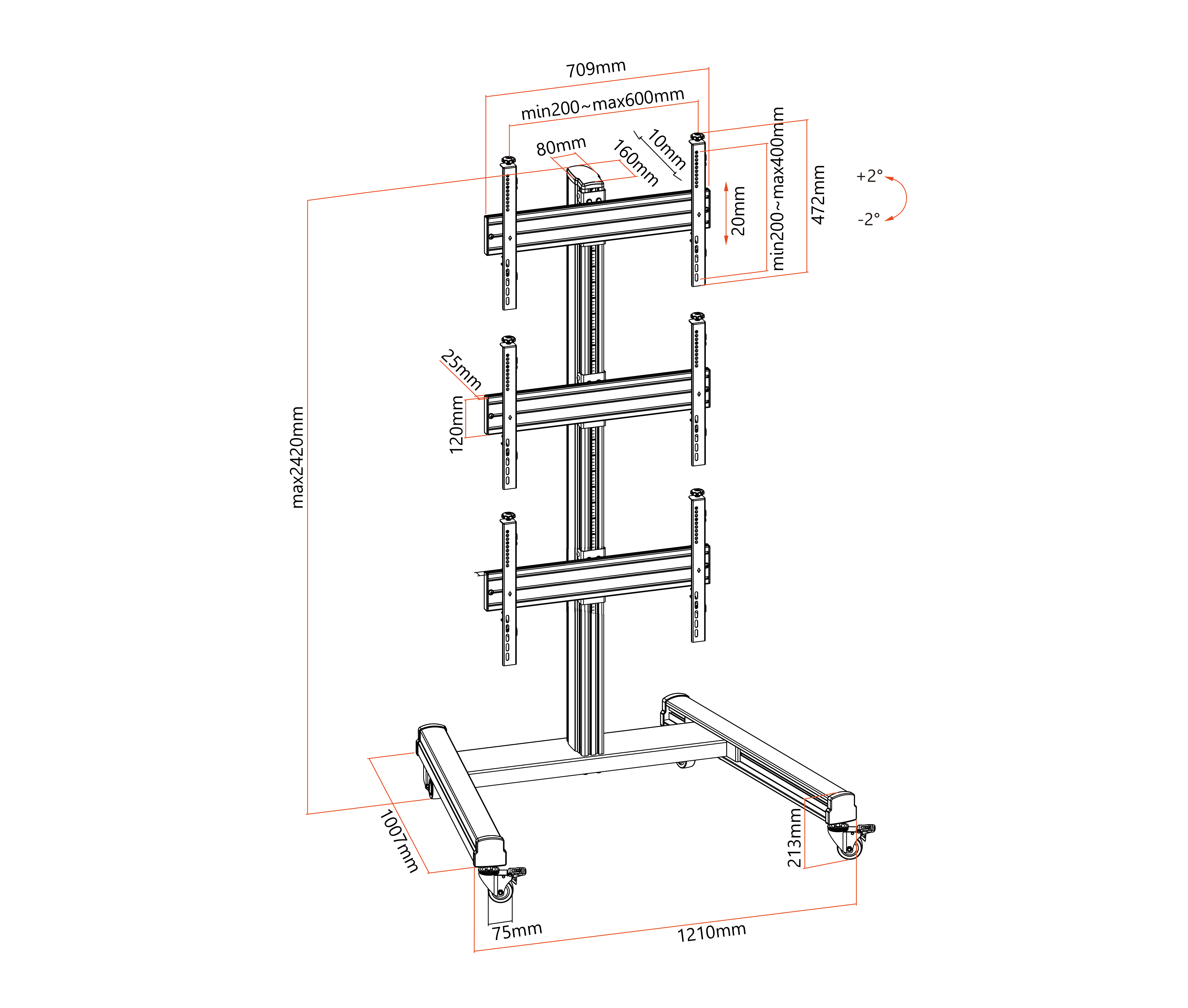 Pedestal con Rueda Videowall Triple Pantalla TV 40 a 55 pulg / VESA Max 600x400mm