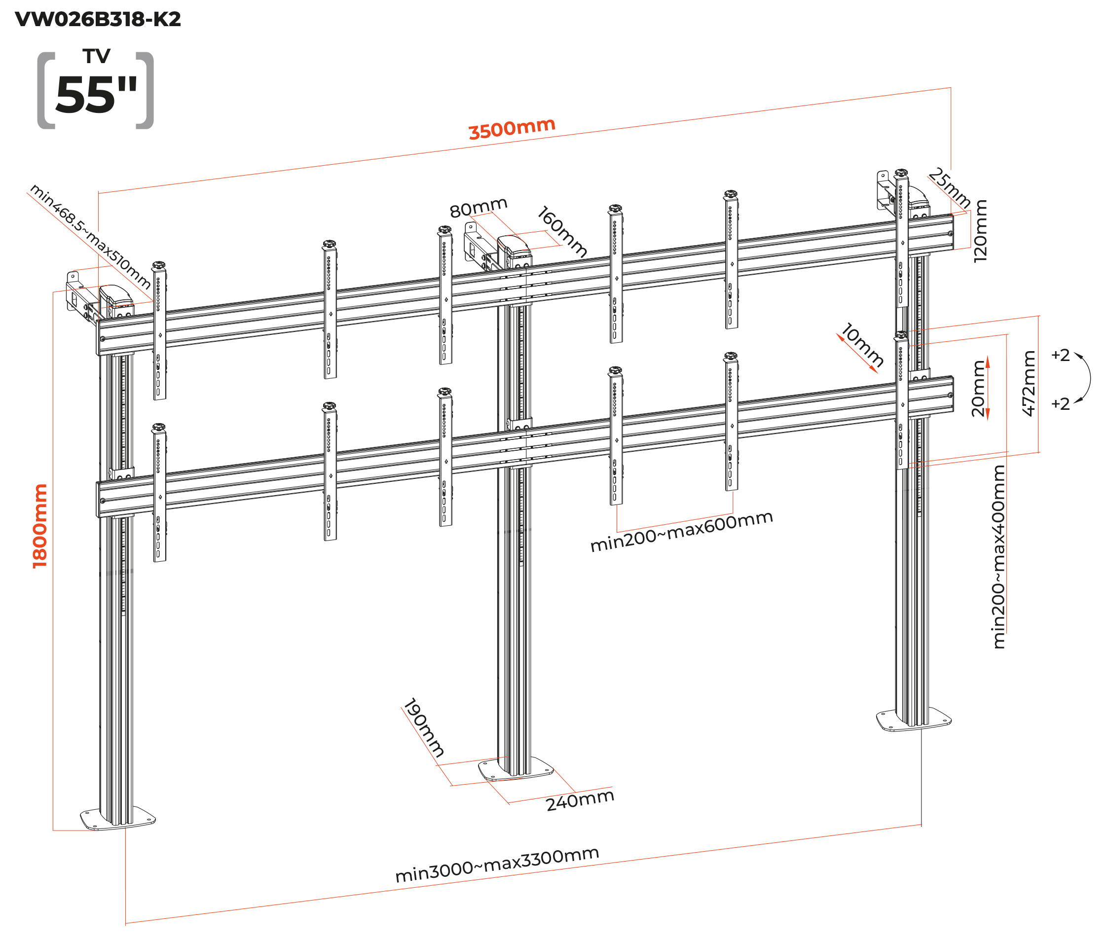 Pedestal con Base Atornillada Videowall 2x3 para 6 Pantallas