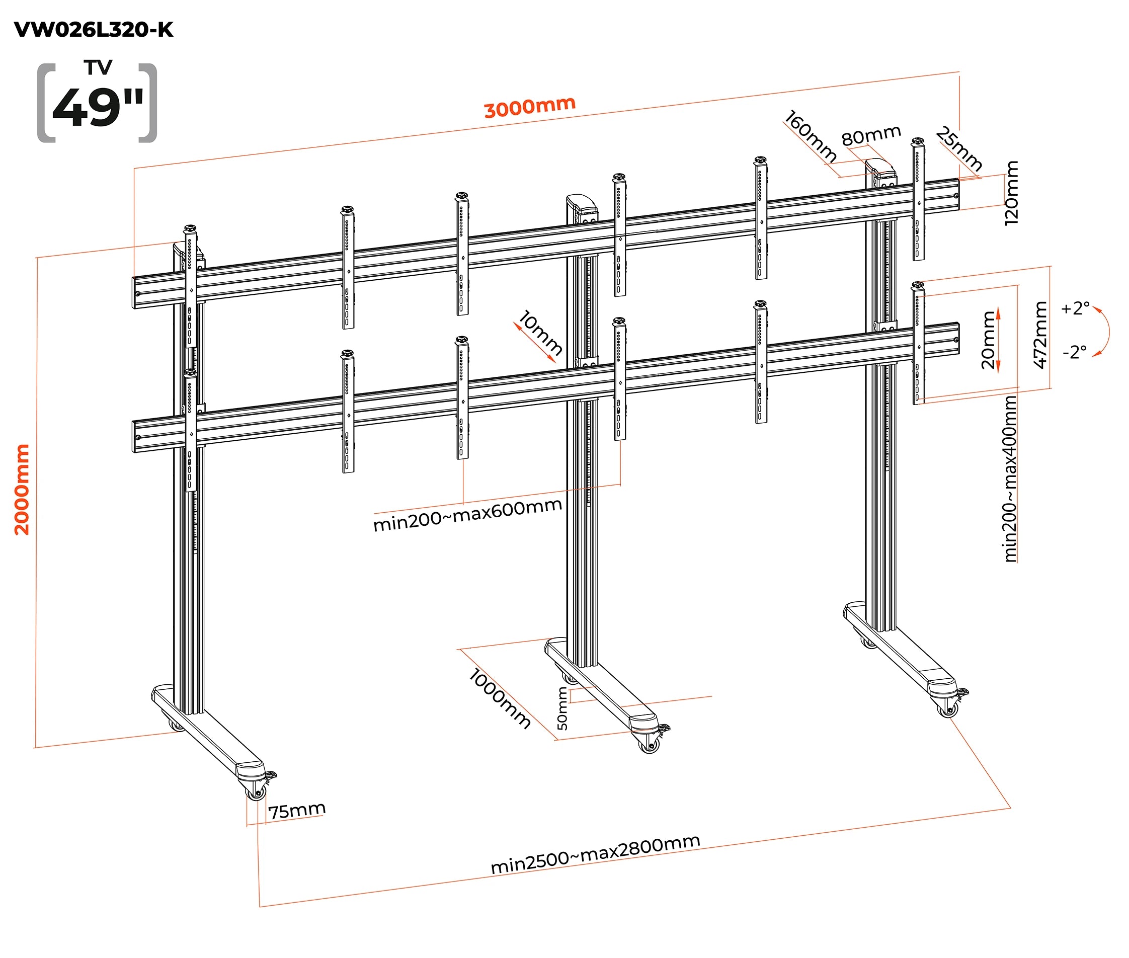 Pedestal con Ruedas Videowall 2x3 para 6 Pantallas