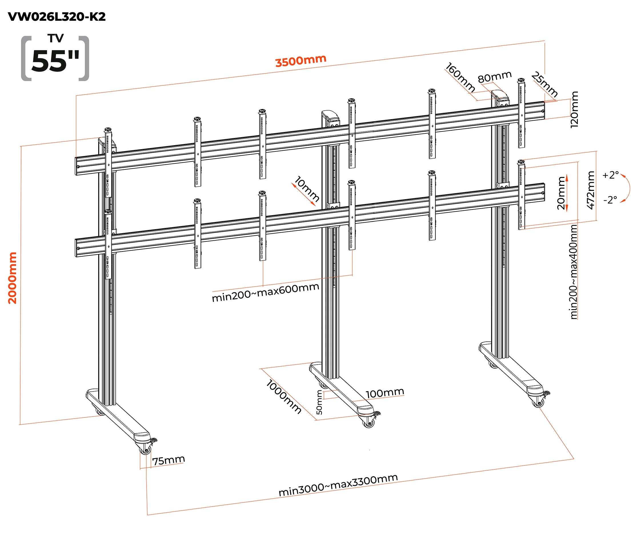 Pedestal con Ruedas Videowall 2x3 para 6 Pantallas