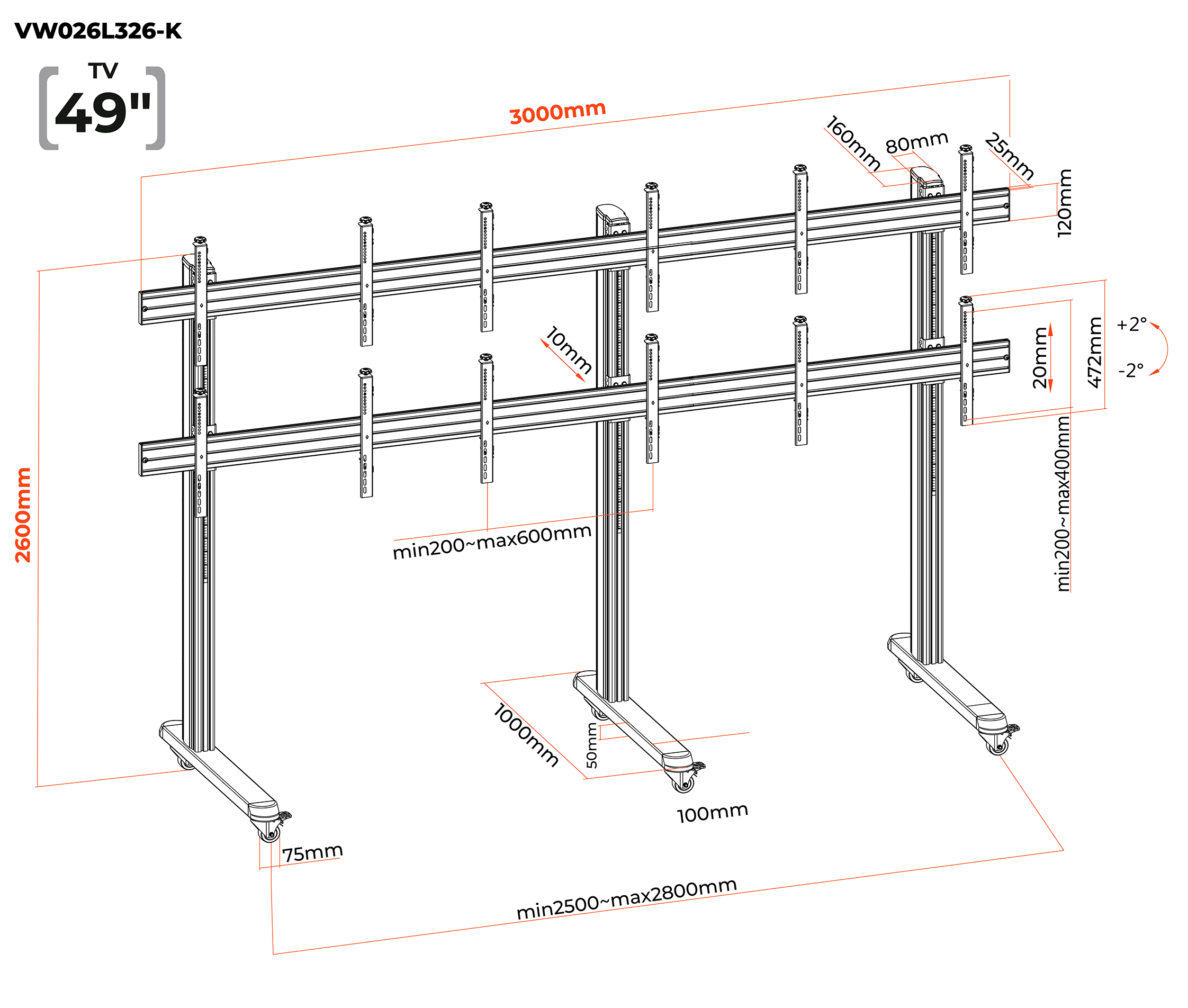 Pedestal con Ruedas Videowall 2x3 para 6 Pantallas
