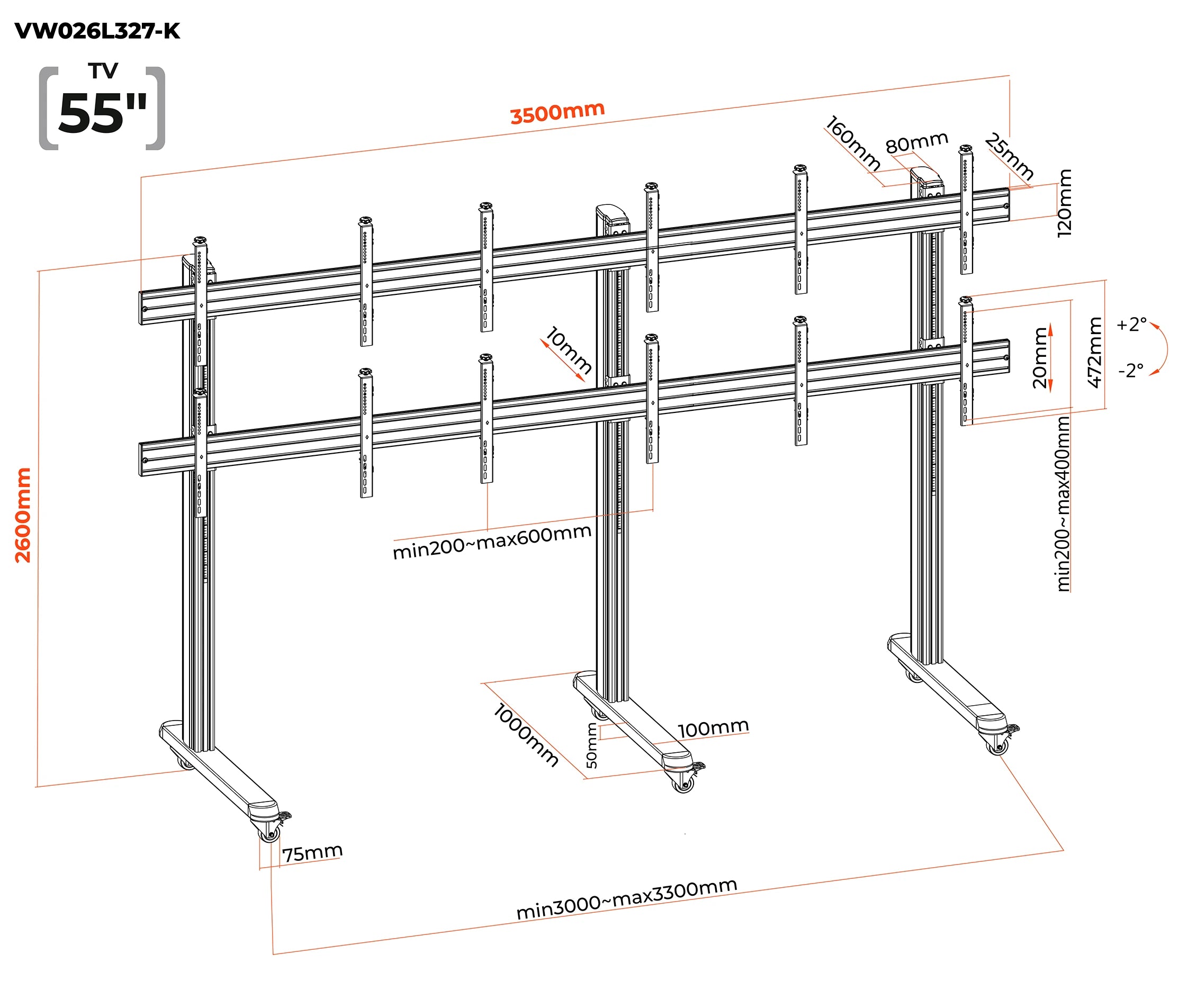 Pedestal con Ruedas Videowall 2x3 para 6 Pantallas