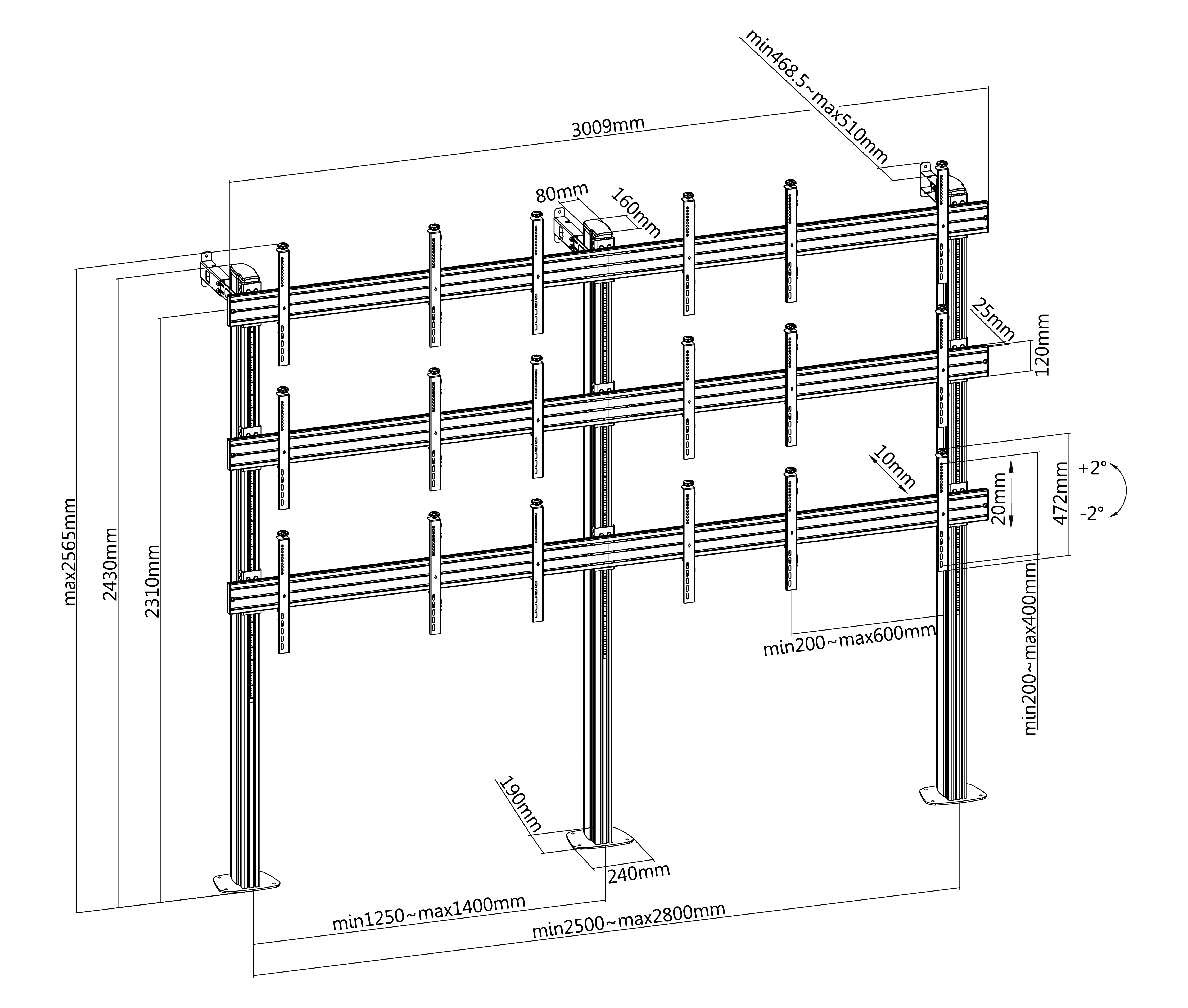 Pedestal con Base de Anclaje Videowall 3x3 para 9 Pantallas 49 Pulg / VESA Max 600x400mm / Carga 50 kg