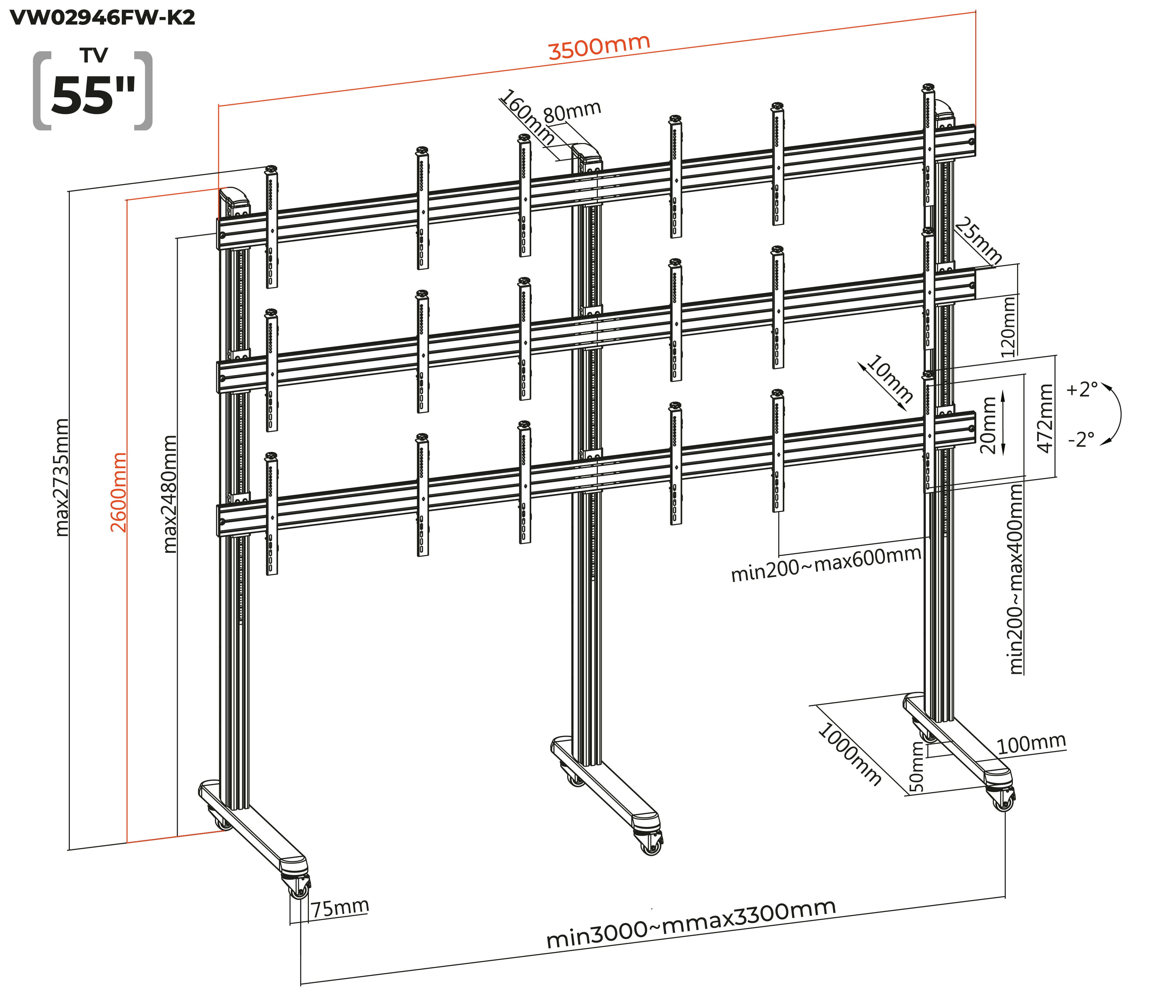 Pedestal con Ruedas Videowall 3x3 para 9 Pantallas / VESA Max 600x400mm / Carga 50 kg