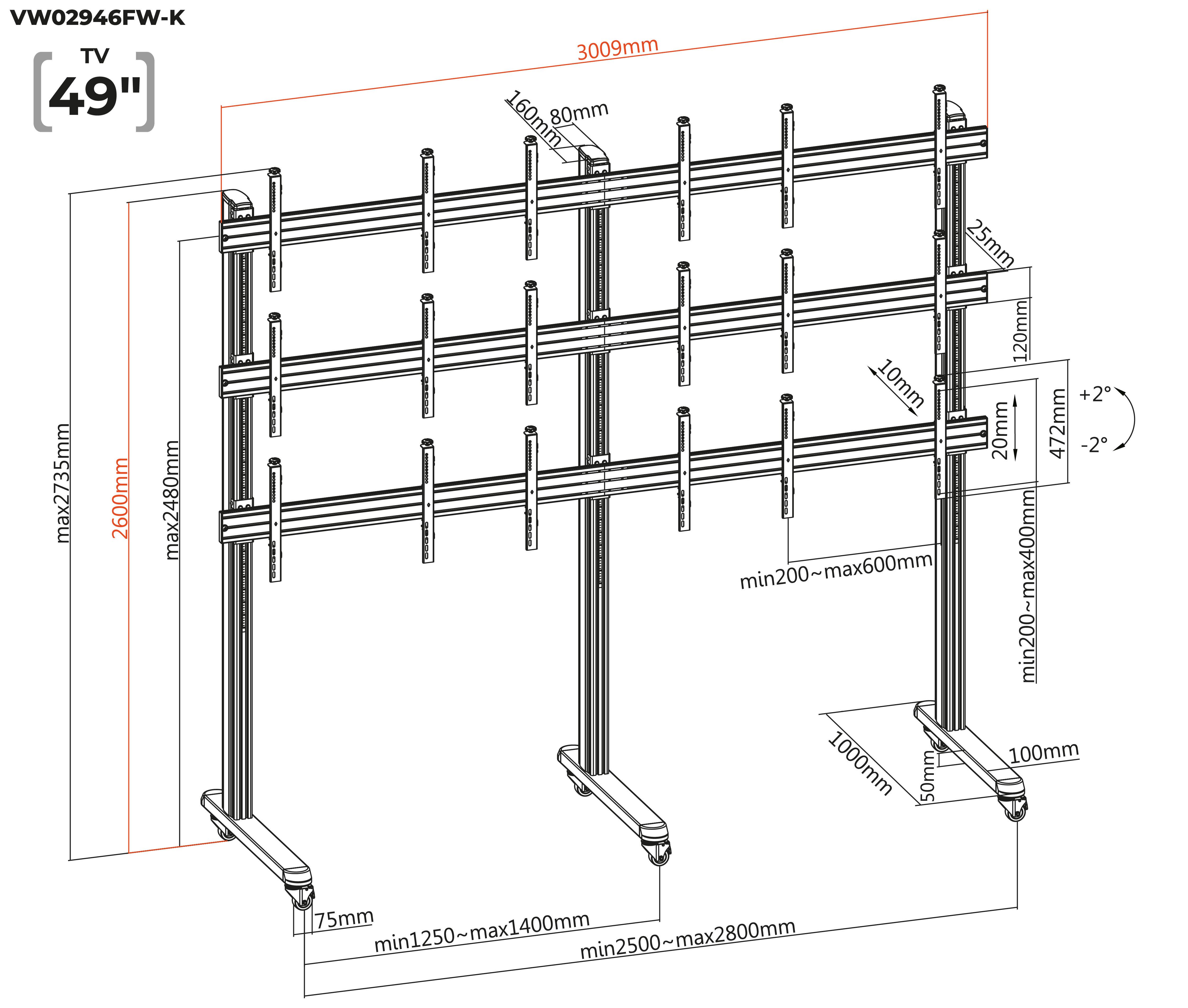 Pedestal con Ruedas Videowall 3x3 para 9 Pantallas / VESA Max 600x400mm / Carga 50 kg