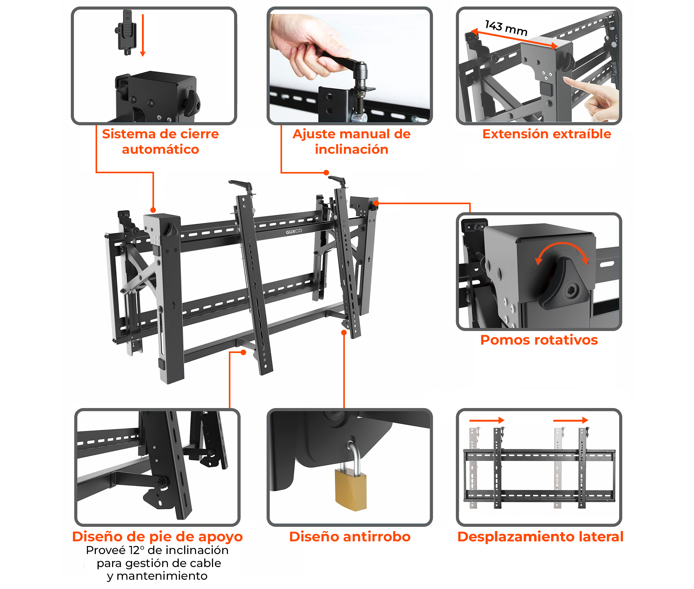 Soporte Videowall con sistema Push para TV Monitor 45 a 70 Pulg / VESA Max 600x400mm / Carga 70 kg / Horizontal / Perfil Min 143mm
