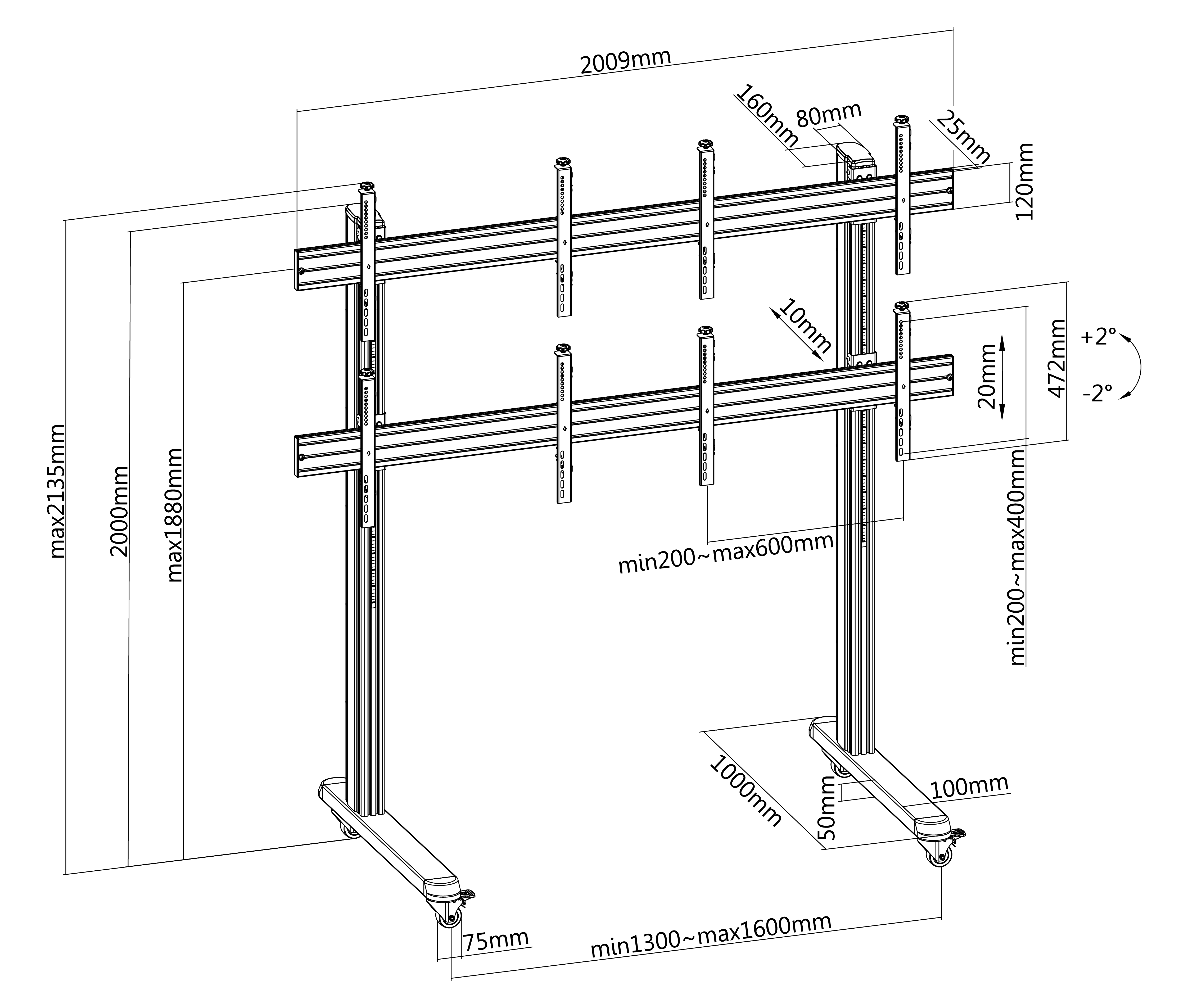 Pedestal con Ruedas Videowall 2x2 para 4 Pantallas 45 a 55 Pulg / VESA Max 600x400mm / Carga 50 kg