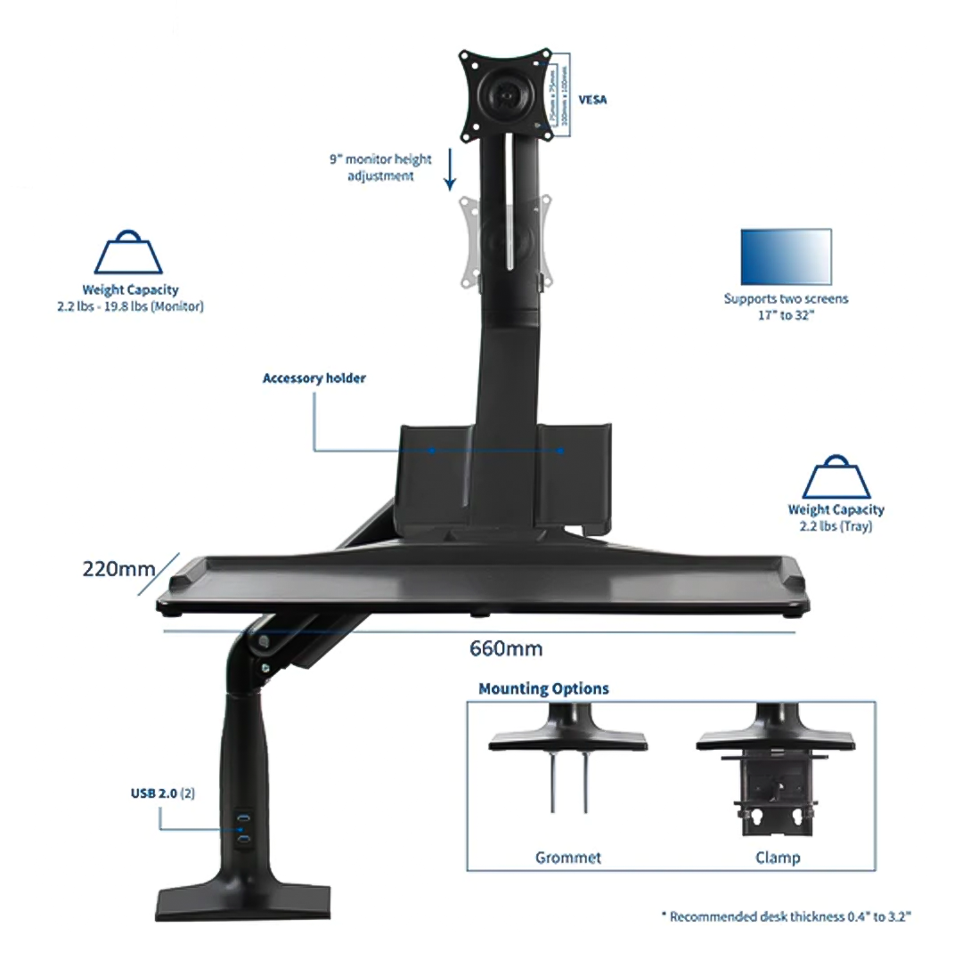 Soporte de Escritorio y Pared para Monitor 17 a 32 Pulg y Teclado - Trabaje parado o sentado