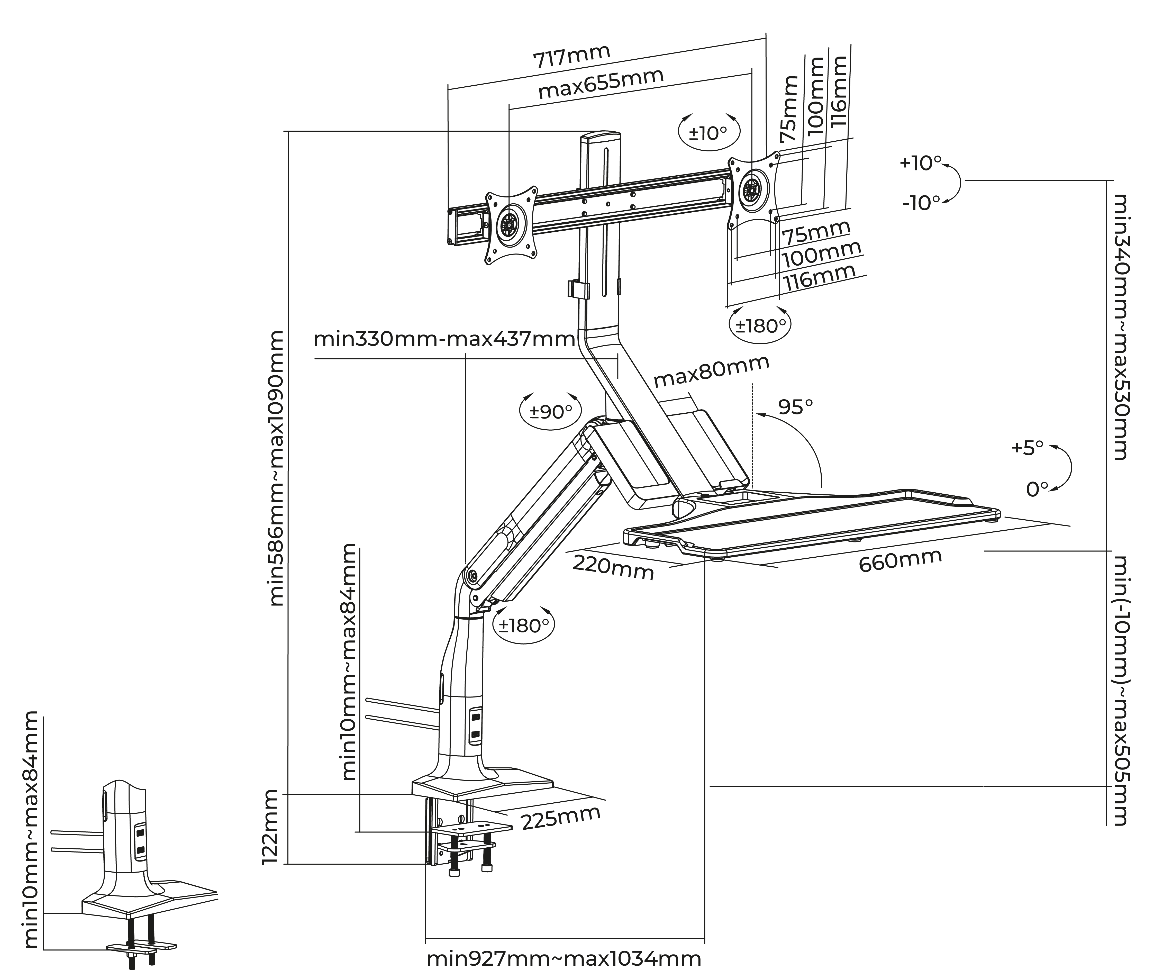 Rack Soporte Doble con Teclado de Escritorio y Pared para 2 Monitores 17 a 27 pulg / Trabaje parado o sentado