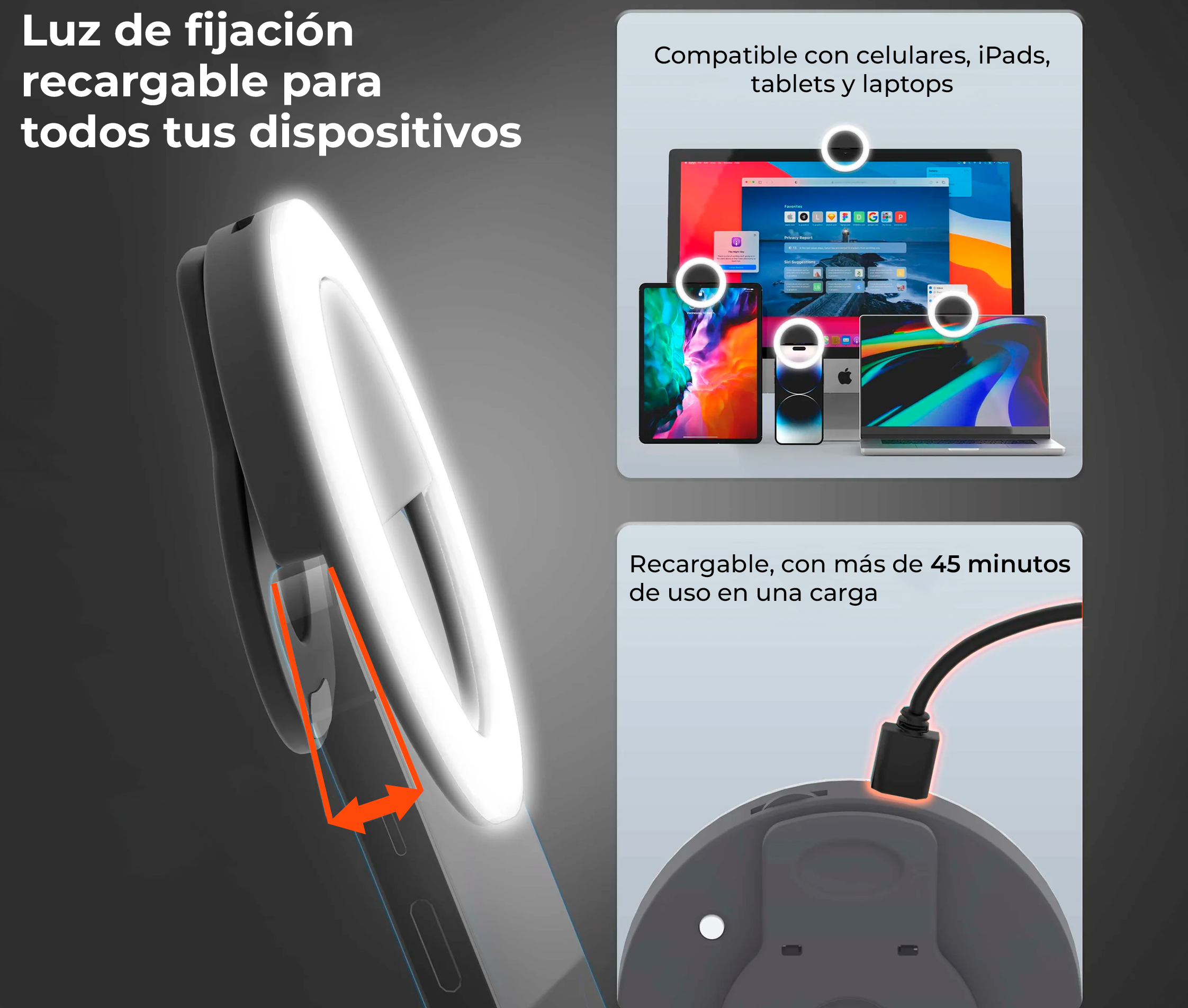 Soporte de escritorio con Base para Tablet 7 a 18 pulg y Celulares o Pico Mini Proyector / incluye Aro de luz Led/ Ideal para transmisión en vivo