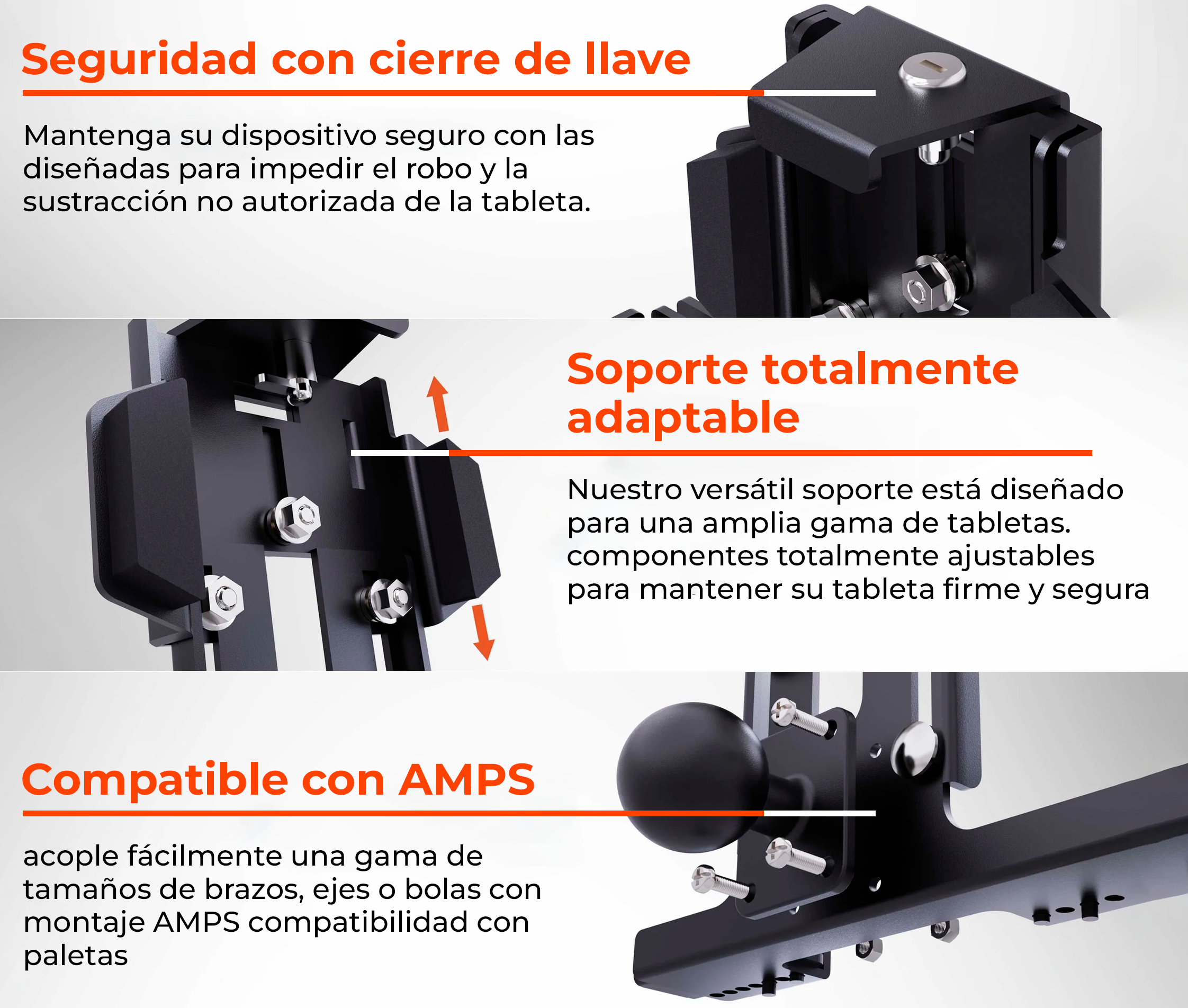 Soporte con llave de seguridad para Tablet 7 a 10 Pulg / Fijación con tornillos a superficies planas sólidas