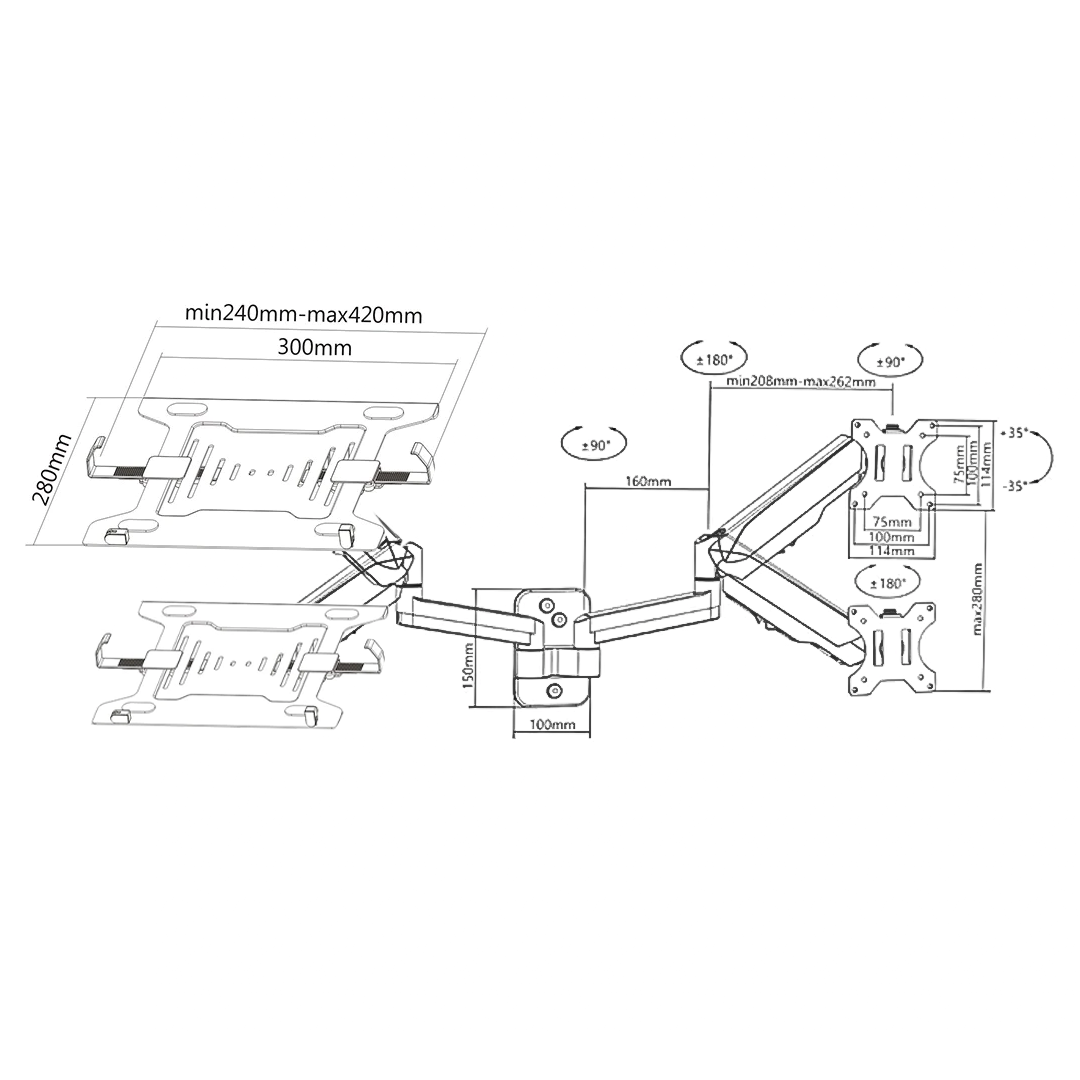Rack Soporte Doble Brazo con Gas Spring de Pared para Monitor 17 a 27 Pulg y Laptop 10 a 15 Pulg