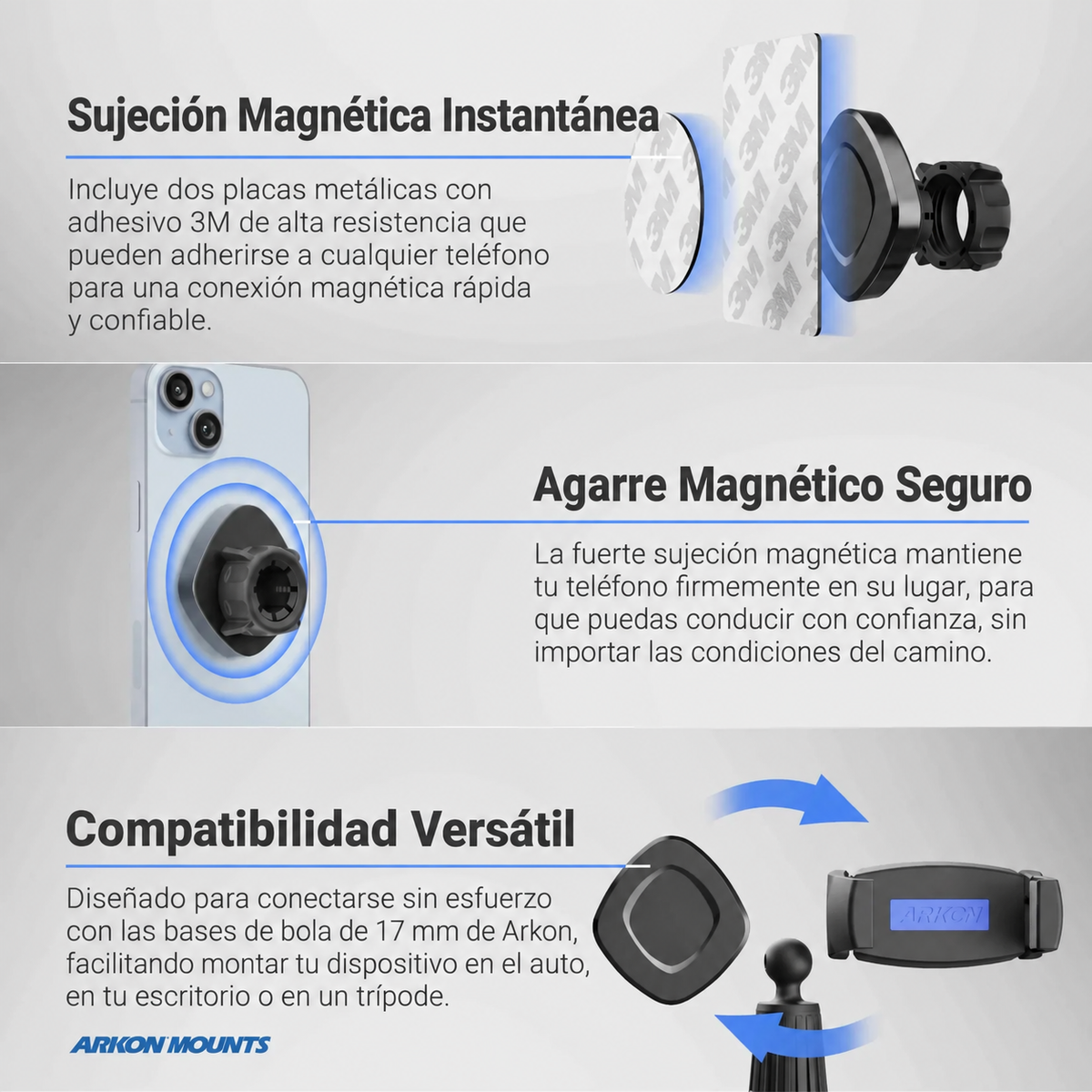 Soporte con Cabezal magnético y placa Adhesiva para Celular con montaje en rejilla ventilación del auto