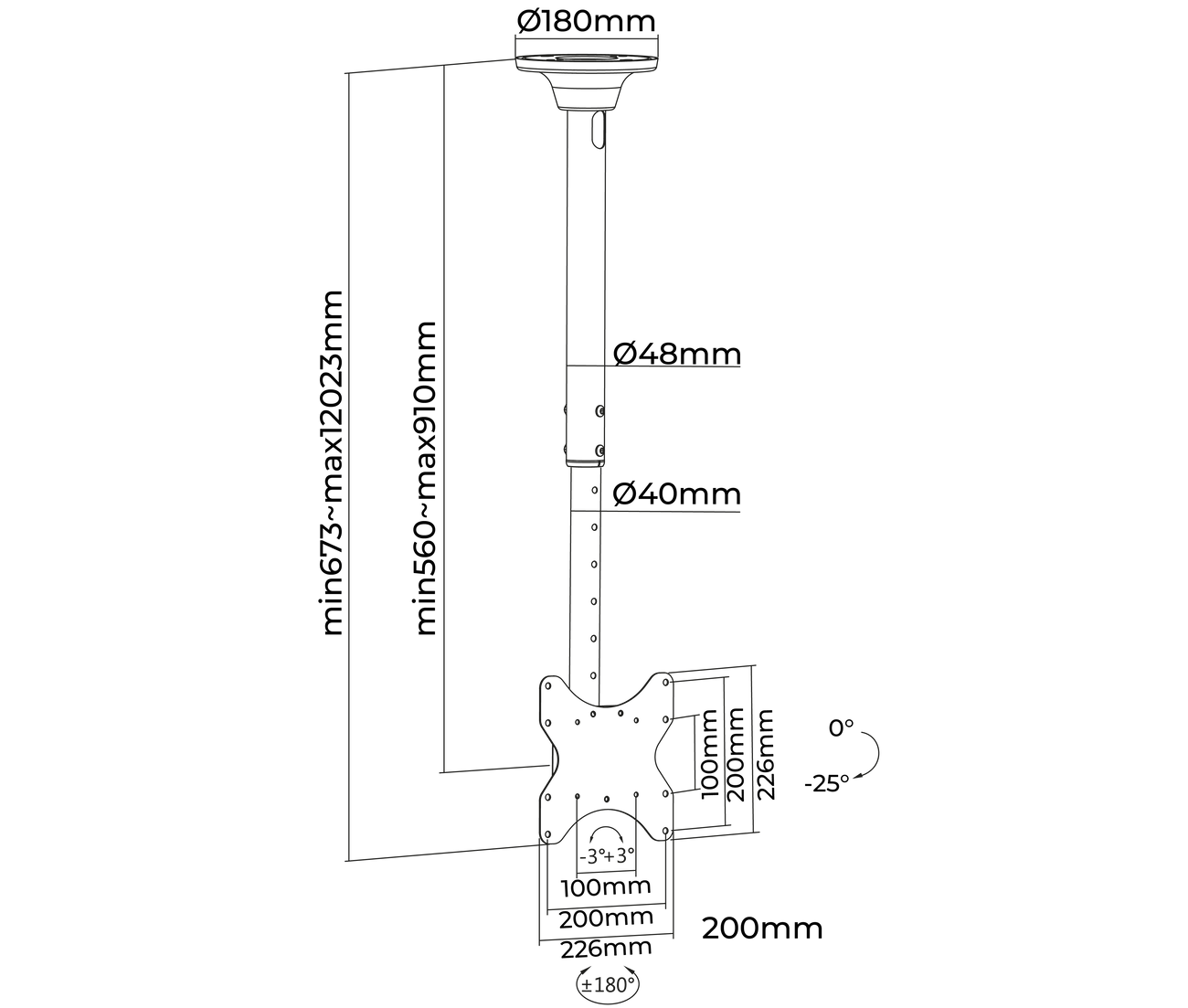 Rack Techo TV 23 a 42 Pulg / Alt Regulable 56 a 91 cm / VESA Max 200x200mm / Carga 50 kg