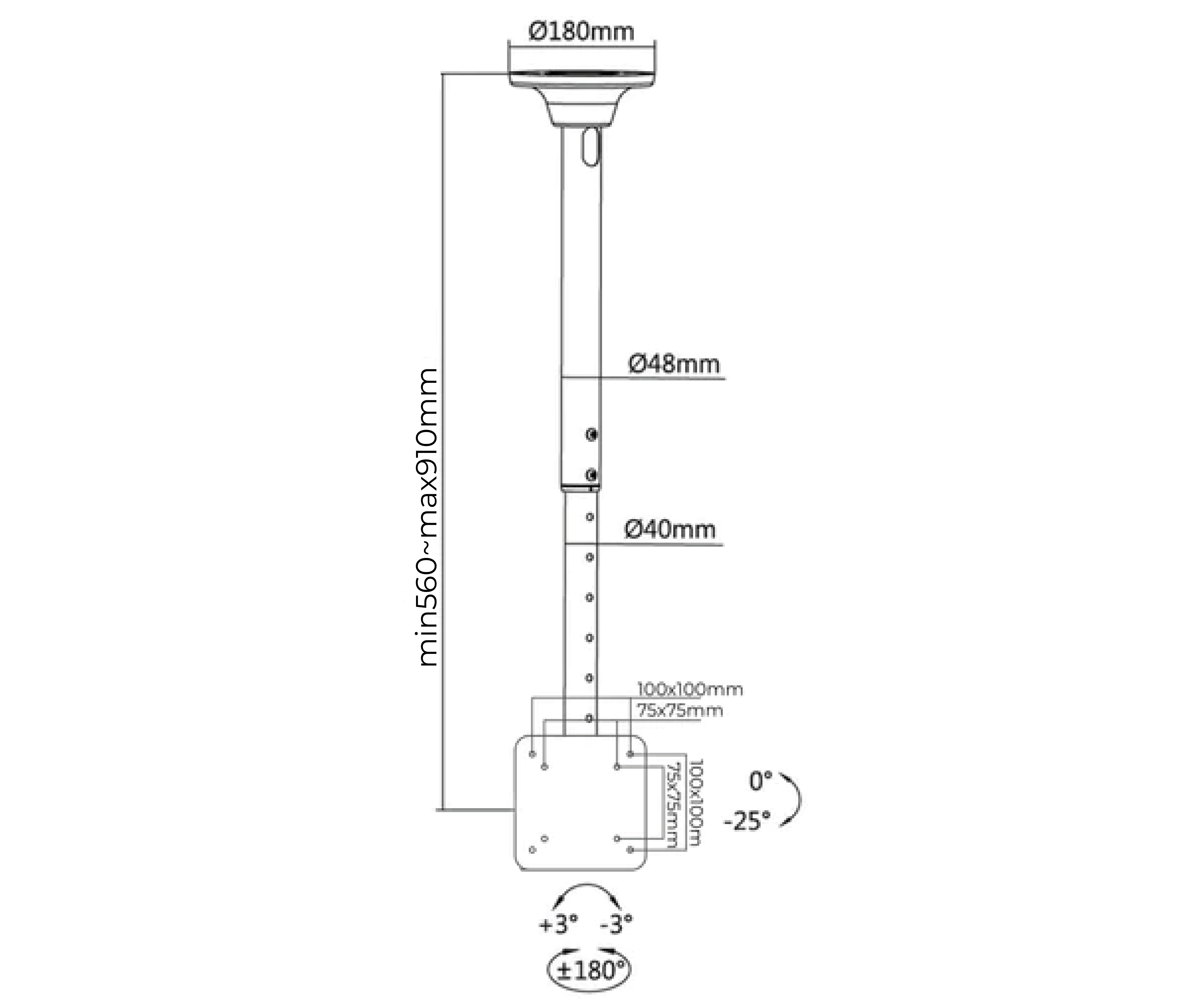 Rack Techo TV Monitor 23 a 34 Pulg / Alt Regulable 56 a 91 cm / VESA Max 10x10cm / Carga 50 kg