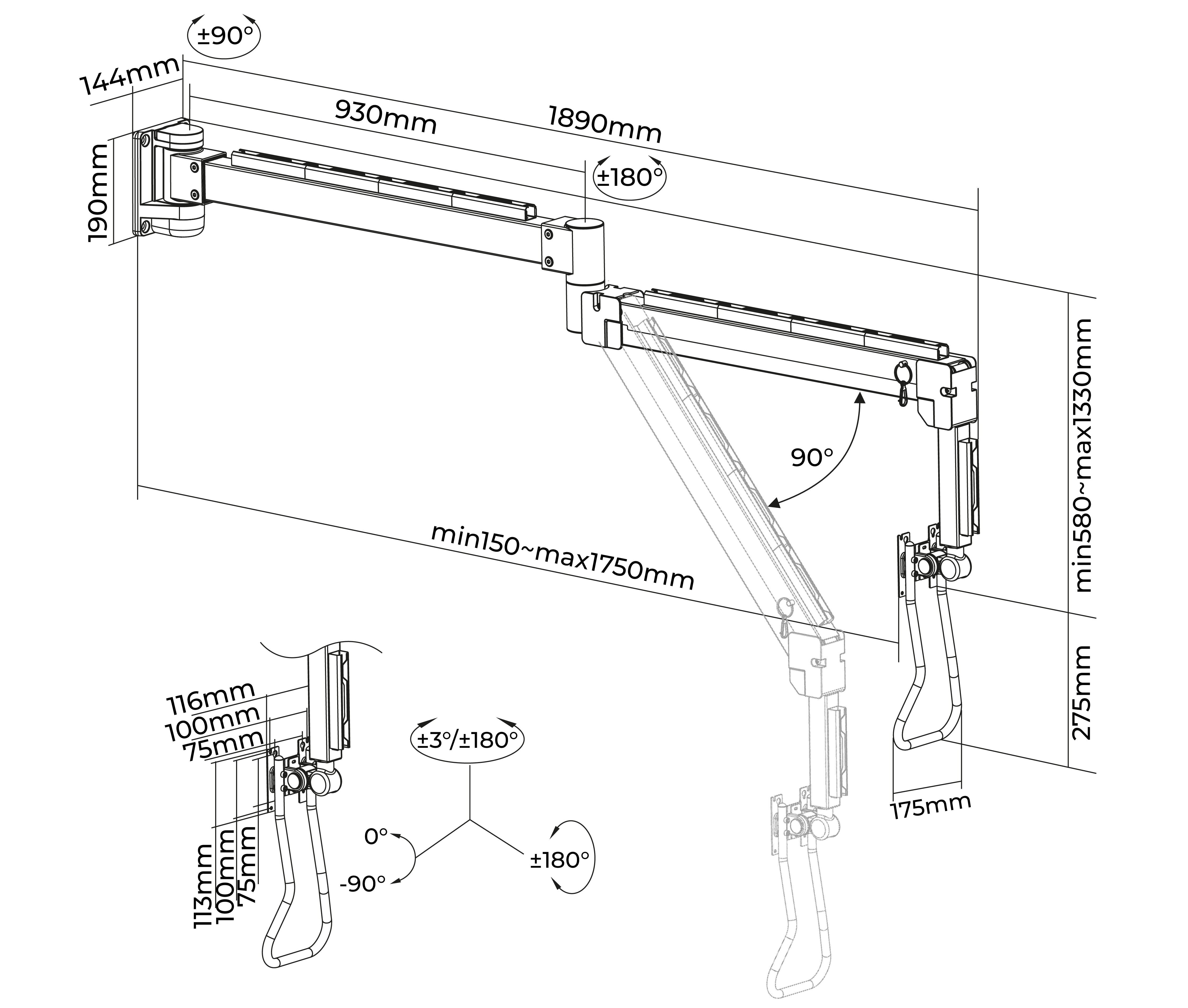 Rack Soporte con Brazo Ergonómico de Pared para Monitor 17 a 32 Pulg / Uso Médico y Hospitalario