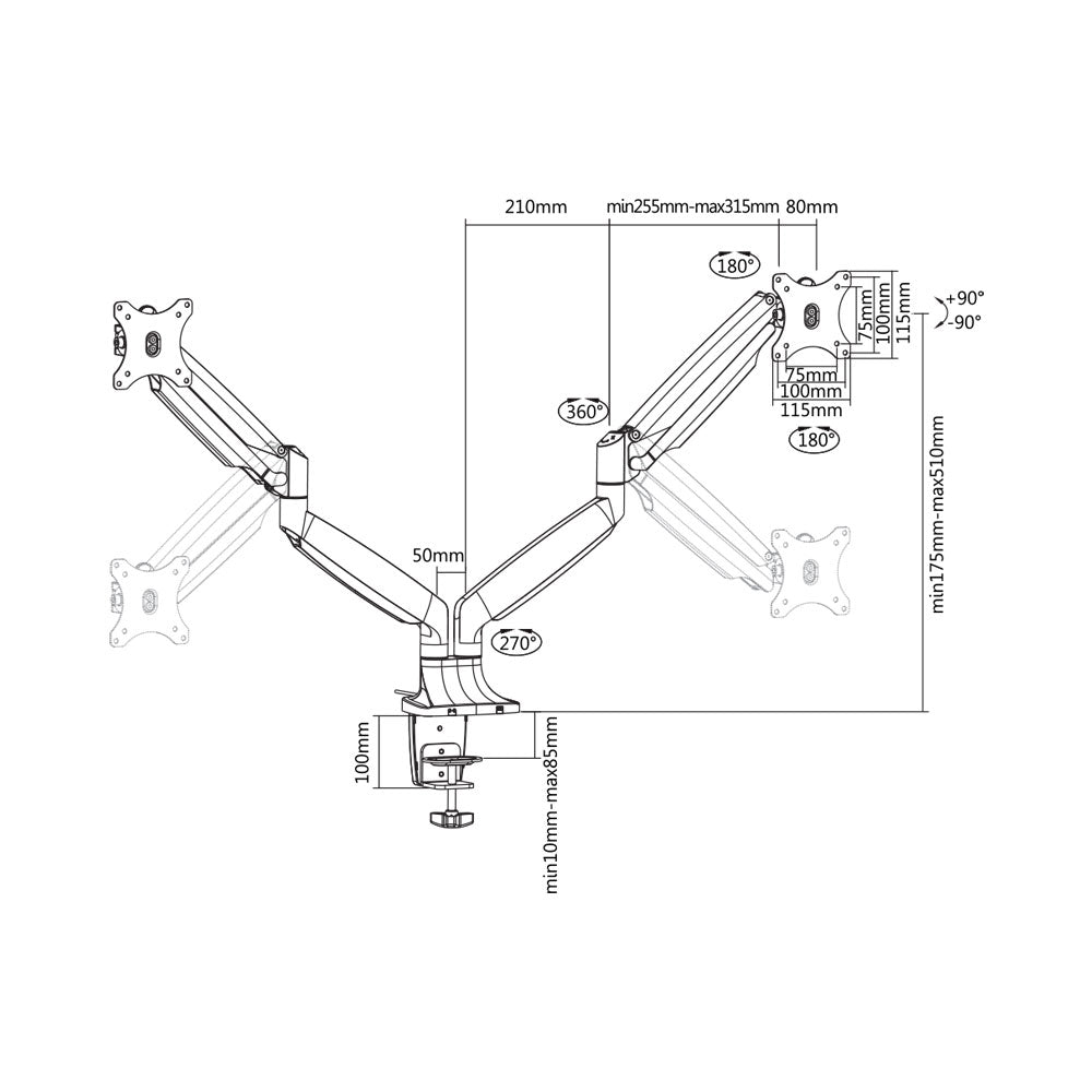 Rack Soporte Doble Brazo con Gas Spring de Escritorio para 2 Monitores 13 a 32 pulg / Puerto USB y Audio