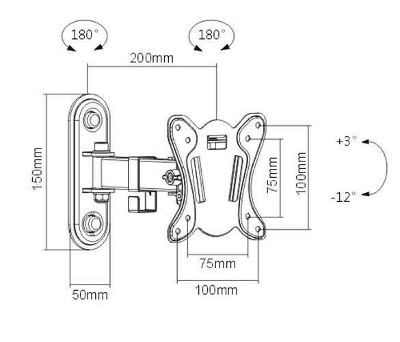 Rack Soporte Giratorio de Pared para TV y Monitor 13 a 27 Pulg / Brazo Corto 20 cm / Carga 25 kg
