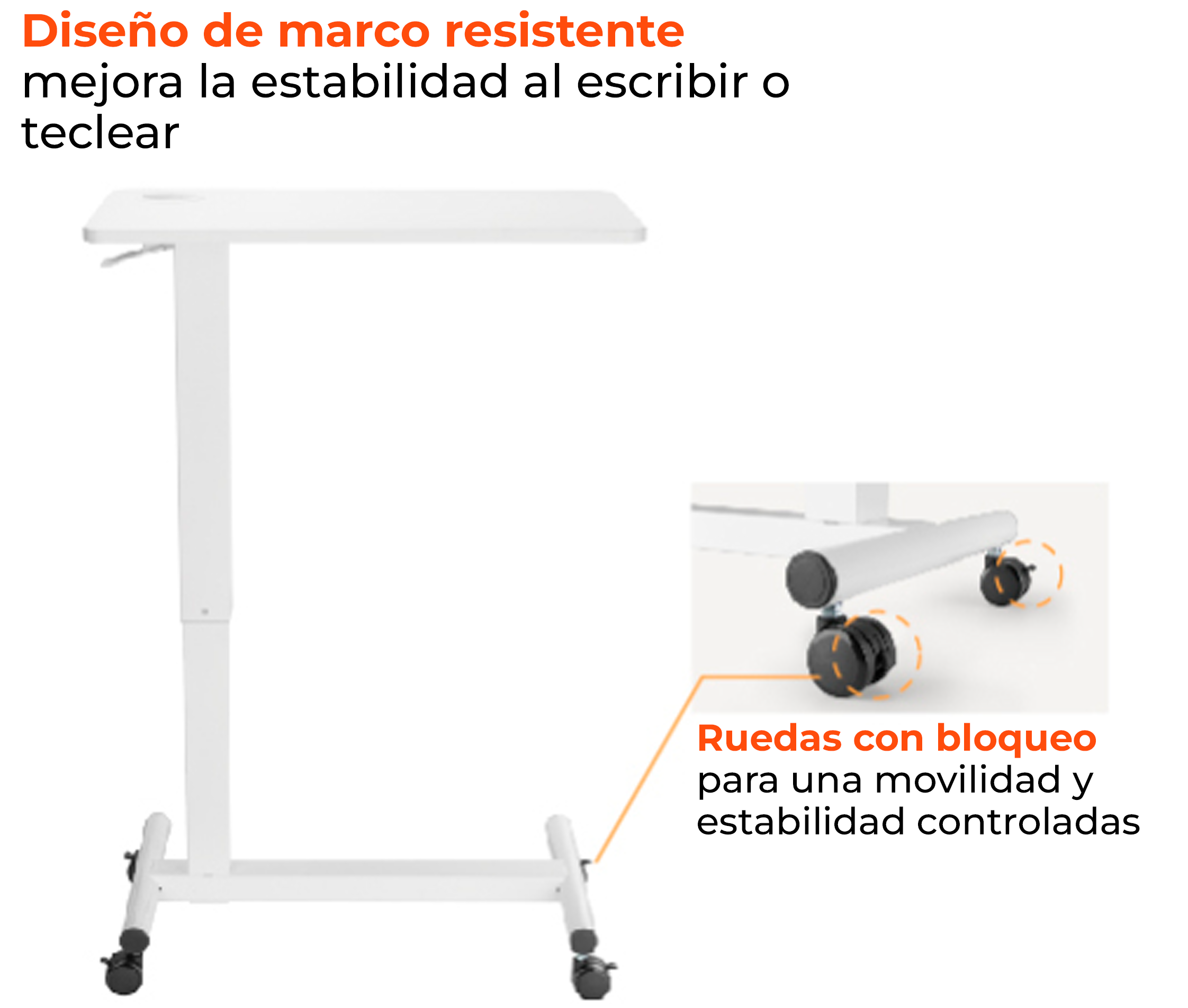 Mesa Auxiliar con Ruedas / Escritorio movil para Laptop / Altura Pata 103mm / Tablero Melamina 71 x 40cm / Altura regulable 71 a 106cm / Uso en Cama , Sofa u Hospital