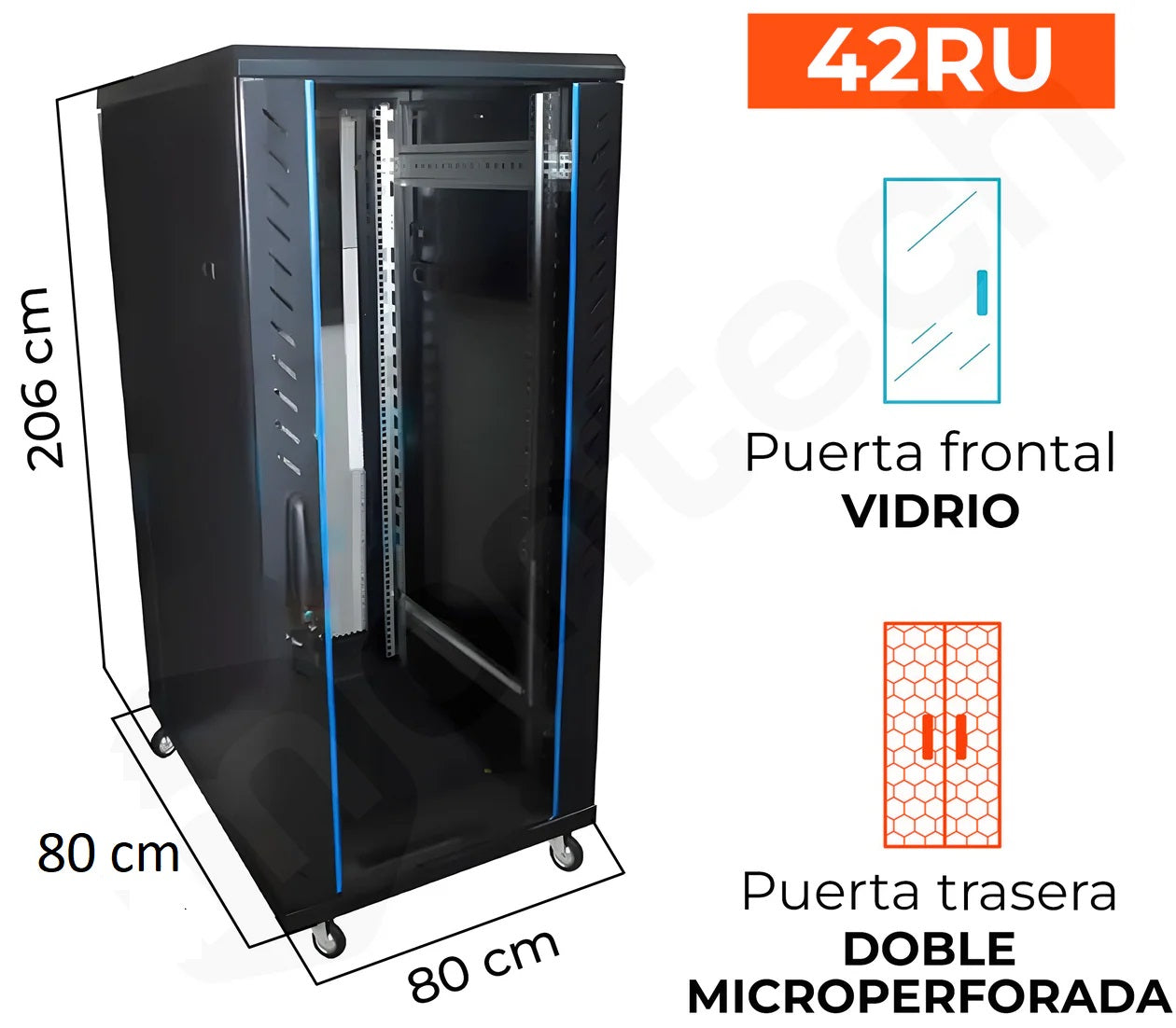 Gabinete de Piso Servidores / 42 RU / 80x80x206 cm (AnchoxProf.xAlt.) / Puerta Vidrio y Doble microperforadas